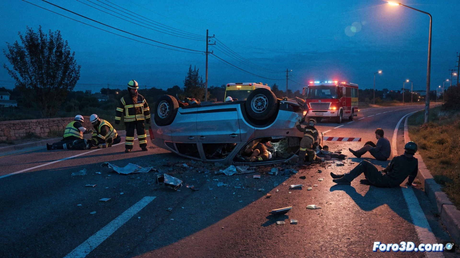 side-view of overturned white van on rural two-lane road RM-428 near a concrete bridge, six adults in varied postures around the vehicle, one person partially trapped under twisted metal frame, rescue team in yellow helmets using hydraulic spreader and cutter tool during extraction, broken glass and skid marks visible on asphalt, emergency lights flashing blue and red, photorealistic technical illustration, cinematic dramatic lighting, detailed vehicle undercarriage and road texture, safety lesson composition showing hazard zone and rescue process