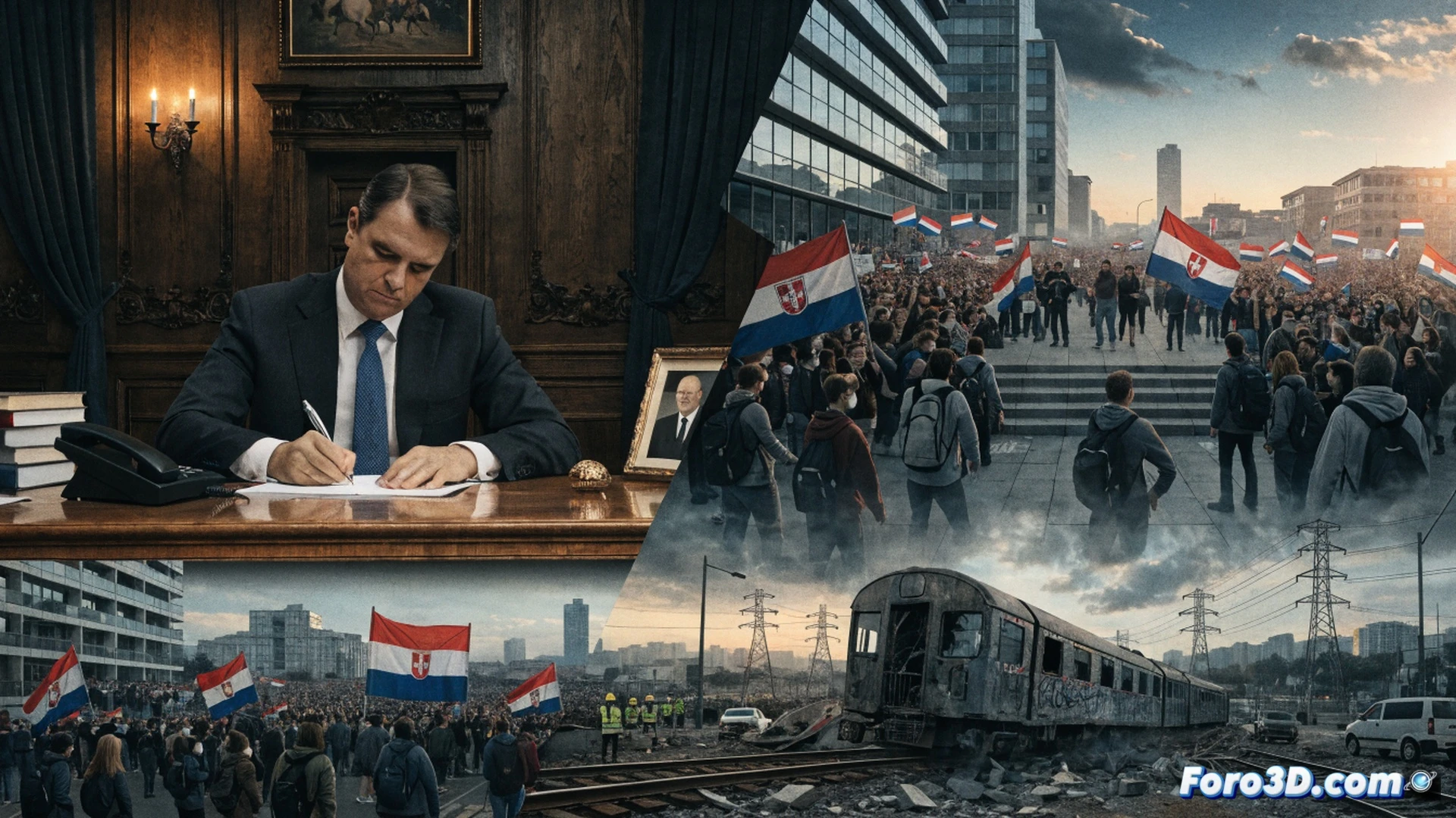 cinematic wide shot of a massive crowd of students holding placards and banners in front of a government building in Belgrade, a large digital screen showing a countdown timer and a resignation letter being signed, protesters passing a smartphone displaying a news alert, photorealistic urban scene, overcast dramatic sky, street lamps illuminating the crowd, motion blur from waving hands, technical detail on the smartphone screen showing a political timeline, realistic architectural concrete textures, high-contrast cinematic lighting, ultra-detailed crowd faces with mixed expressions of hope and tension