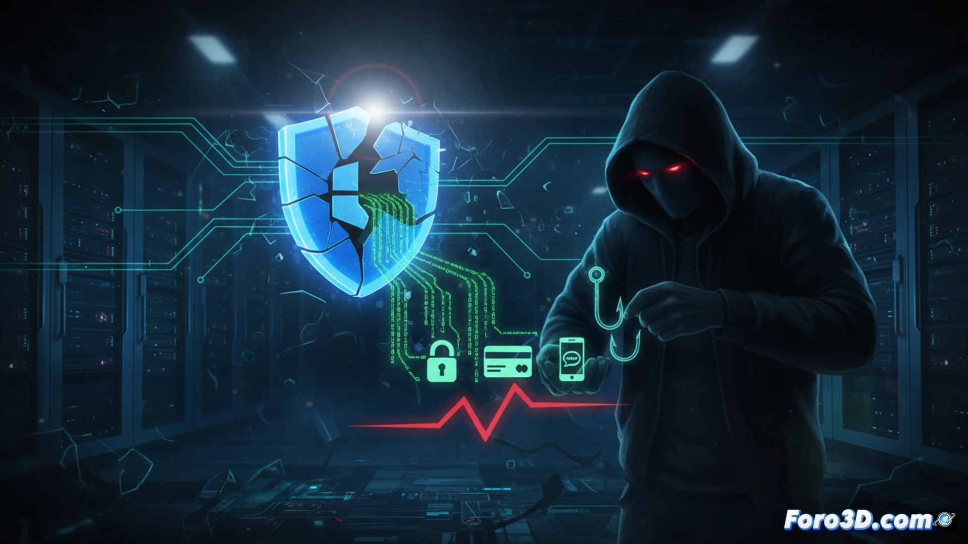 Windows search function vulnerability exploit sequence, malicious link being clicked on a desktop screen, NTLMv2 hash extraction process visible as glowing data streams flowing from search bar to a hacker terminal, keyboard with keys pressed, monitor showing command prompt lines, network traffic visualized as illuminated packets, cyber attack in progress, dark room with blue and red ambient lighting, hooded figure silhouette typing, digital lock icon breaking apart near the search interface, cinematic cybersecurity visualization, photorealistic technical illustration, dramatic shadows, high contrast neon accents, ultra-detailed hardware components