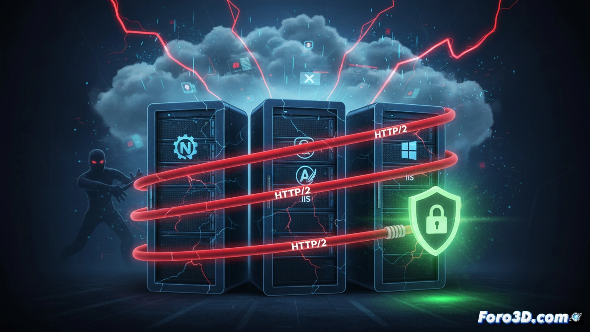 cyberattack visualization, HTTP/2 protocol exploitation targeting NGINX Apache and IIS servers, malicious data packets flooding server racks in a data center, red glowing network cables transmitting attack traffic, server status LEDs switching from green to red, firewall interface showing blocked connections being overwhelmed, dramatic cinematic lighting with dark ambient room, cooling vents emitting steam under stress, engineering visualization style, photorealistic technical illustration, high contrast shadows, glowing threat indicators on server front panels