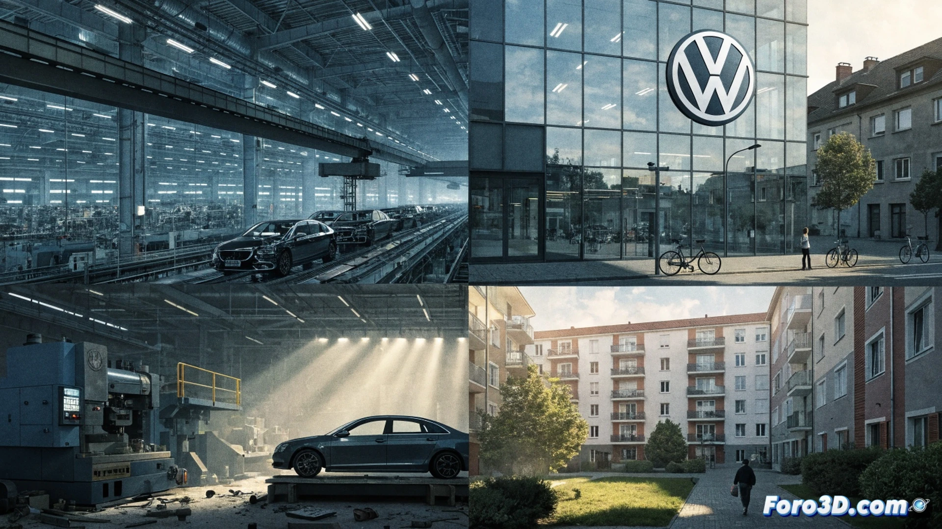 Volkswagen factory assembly line in shutdown process, robotic arms frozen mid-motion over empty conveyor belts, workers in blue uniforms walking away carrying safety helmets and toolboxes, overhead lights dimmed across half the plant, massive press machines silent with cobwebs forming on hydraulic pistons, German flag hanging loosely in still air, dust particles floating through abandoned production zone, photorealistic industrial photography, cinematic shadows stretching across factory floor, cold blue-gray lighting, detailed mechanical components showing wear and disuse, emotional atmosphere of industrial decline