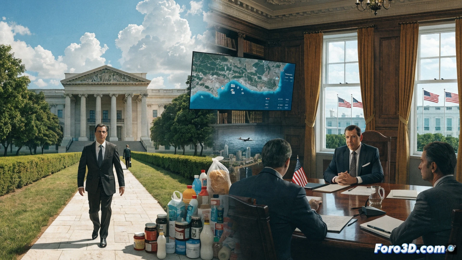 German Foreign Minister Johann Wadephul boarding a government jet at Berlin airport, diplomatic briefcase in hand, while a holographic Mercosur map with EU flags floats above Paraguay and a digital globe shows trade routes connecting Washington, photorealistic cinematic scene, airport tarmac at dawn, security vehicles nearby, subtle geopolitical tension lines glowing red between US and Iran on a tablet held by an aide, ultra-detailed aircraft engine and landing gear, dramatic industrial lighting, technical visualization