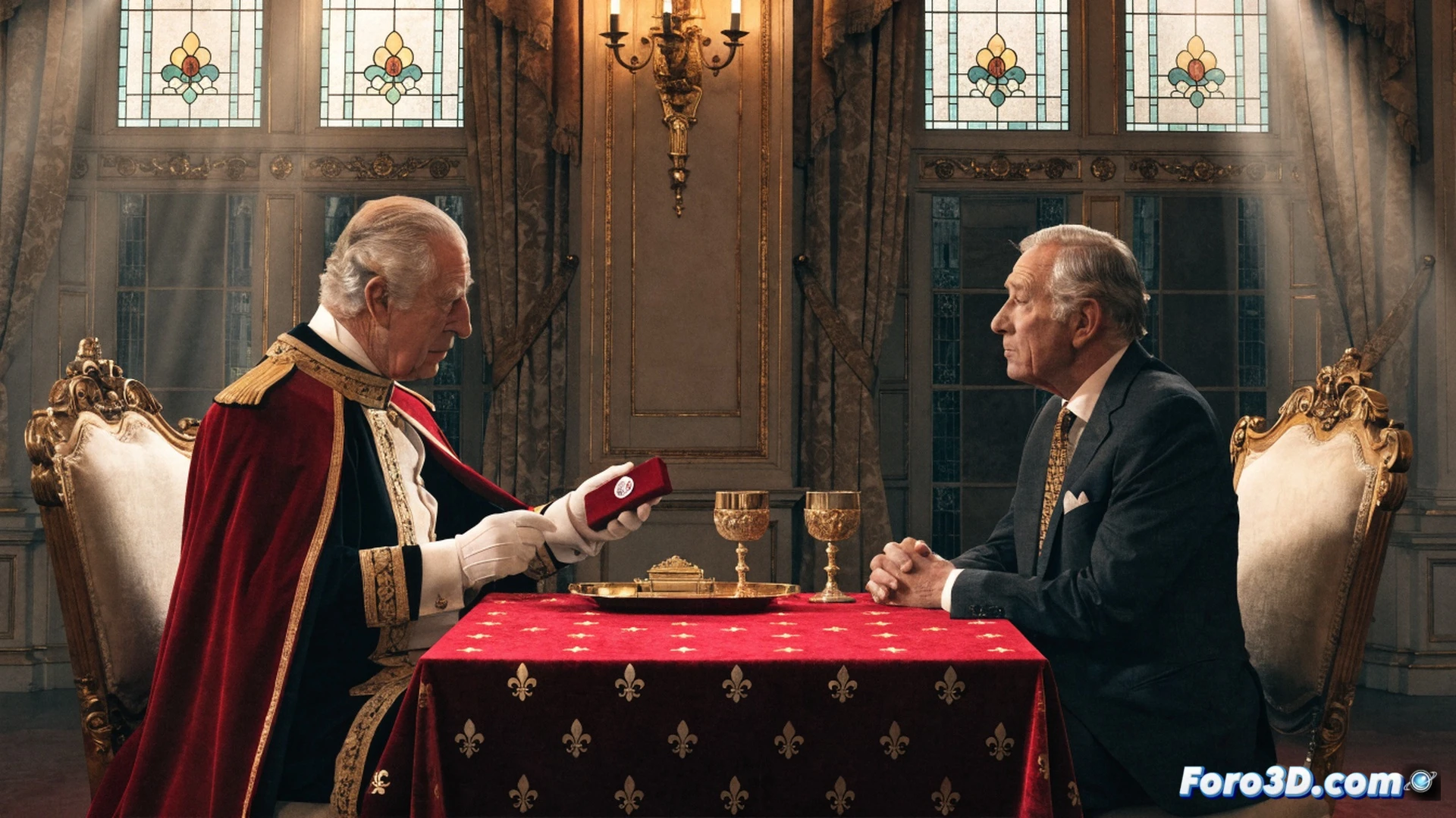 Ceremonial palace hall, King Charles III pinning MBE medal onto John Wagner s suit lapel, Wagner holding a futuristic Judge Dredd helmet under his arm, royal guards standing at attention in background, a drafting table with ink bottles and comic pages visible on side, cinematic photorealistic style, golden light streaming through tall windows, polished marble floor reflections, detailed fabric textures on royal robes, subtle motion blur as medal touches fabric, dramatic formal lighting, ultra-detailed facial expressions showing quiet pride, technical illustration precision