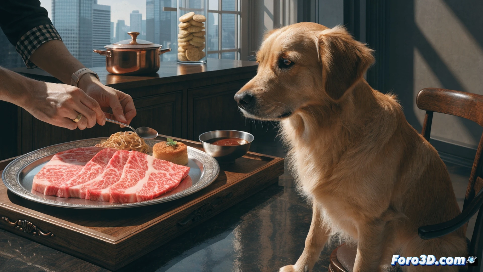 Chef profesional en delantal blanco sosteniendo un plato de wagyu marmoleado en rodajas finas sobre una tabla de cortar de acero inoxidable, con un cuenco de ramen humeante y un pastel de tres capas decorado con crema, perro de raza pequeña sentado erguido mirando fijamente la comida, cocina de restaurante con fogones y utensilios profesionales al fondo, acción de servir mientras el perro espera, iluminación cálida de estudio, texturas realistas de carne cruda y masa horneada, estilo cinematográfico fotorealista, enfoque nítido en el plato principal y la expresión atenta del animal