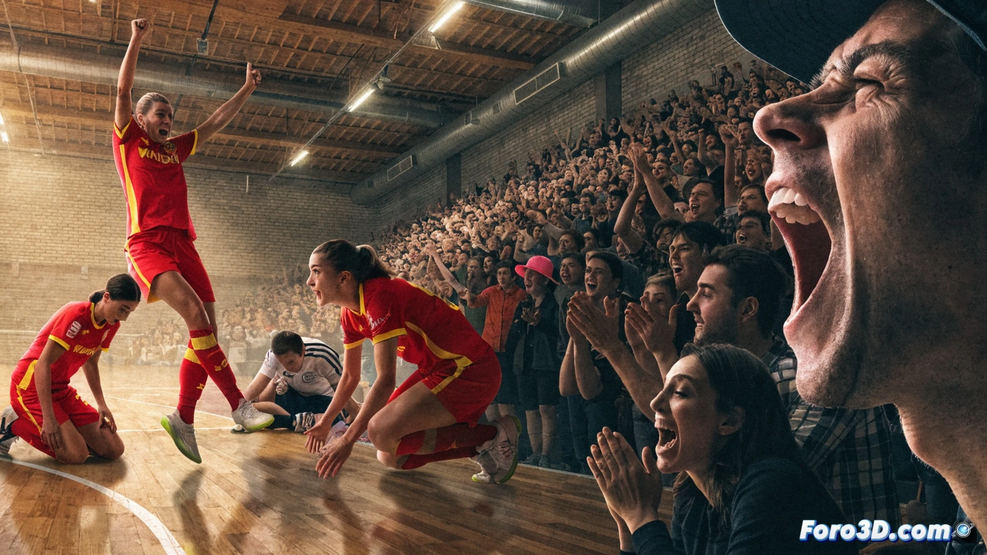 Wanapix Aldelís female futsal player striking the ball with power, ball mid-air curving toward goal, opponent goalkeeper diving, packed stadium crowd blurred in background, vibrant orange team jerseys, dramatic action freeze-frame, sweat droplets visible, dynamic motion blur on limbs, bright overhead arena lighting, photorealistic sports photography, deep depth of field, intense competitive atmosphere, ultra-detailed fabric texture, cinematic moment of impact
