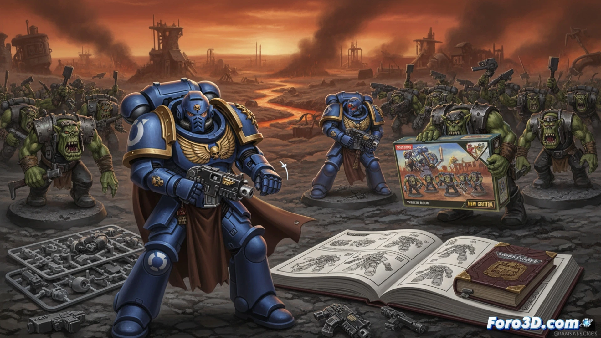 Warhammer 40K miniatures assembly process, ork and space marine models snap-fitting together without glue, showing a player pressing a mechanical arm into a socket, while another figure stands partially assembled on a desk, technical illustration style, bright workshop lighting, plastic sprues and clippers nearby, hands demonstrating the no-glue connection, ultra-detailed armor textures, photorealistic product render, clean white background, precise engineering visualization