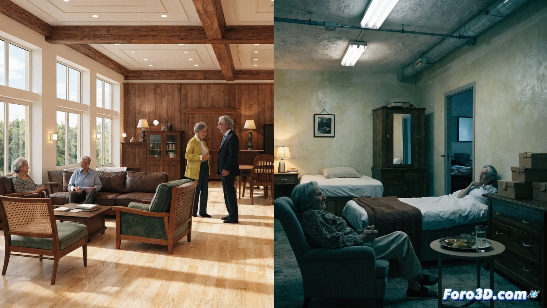 photorealistic technical illustration of a senior home floor plan being altered, architect removing walls to shrink room sizes, blueprints with red crossed-out dimensions, calendar showing six-month delay stamp over subsidy dates, coins flowing from residents toward insurance documents, measuring tape cutting common area space, clinical lighting, sterile indoor setting, precise architectural drafting tools, minimalist modern furniture, dramatic shadows, ultra-detailed textures