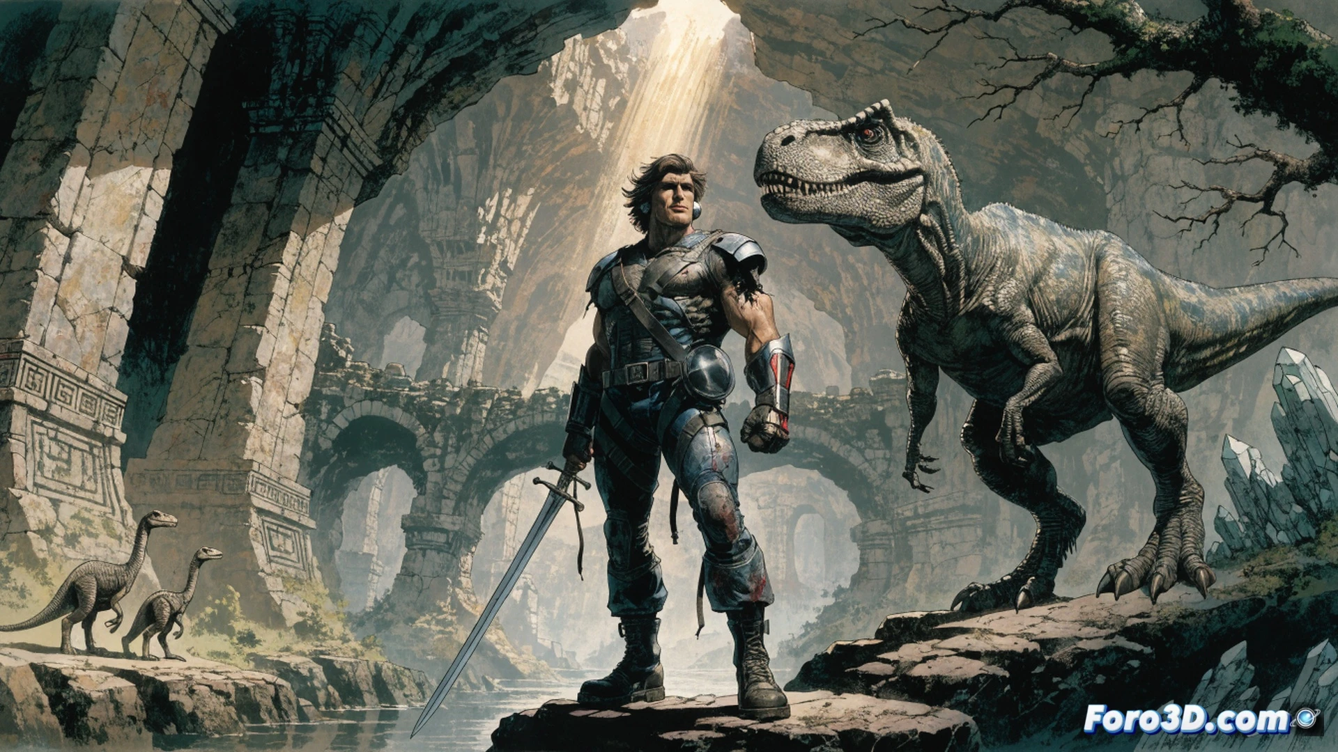 Muscular warrior in fur loincloth and leather bracers wielding a glowing broadsword, standing on a rocky cavern ledge overlooking a prehistoric jungle with a pterodactyl flying past a massive underground sun, while a crashed F-14 Tomcat fuselage smolders in the background, technical illustration style, dramatic chiaroscuro lighting, detailed muscle anatomy, weathered metal and leather textures, ancient stone ruins with glowing runes, dinosaur silhouettes in mist, photorealistic comic art render, cinematic action pose, dynamic sword swing motion blur.