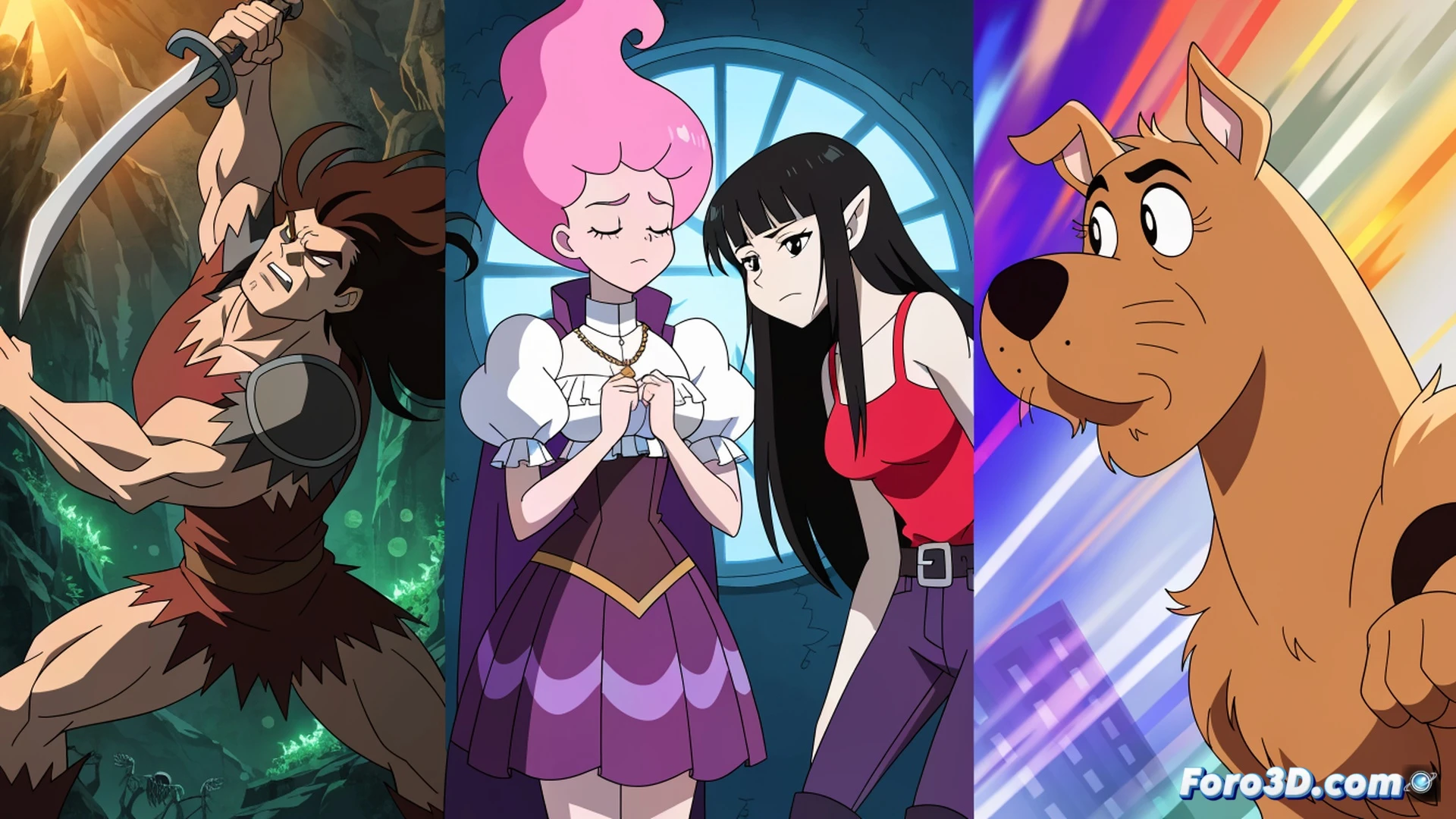 three distinct animation style panels merging into one scene, Conan the Barbarian in Genndy Tartakovsky's sharp angular style swinging a sword at a mechanical beast, Adventure Time's Bubblegum and Marceline floating on a candy raft in a pastel forest, Scooby-Doo gang in anime cel-shading running from a ghost samurai, streaming platform UI elements floating around them like glowing interface nodes, cinematic technical illustration, dramatic volumetric lighting, motion blur on action poses, ultra-detailed character textures, photorealistic background blending with stylized foregrounds, dynamic camera angle showing creative process of reimagining classic IPs