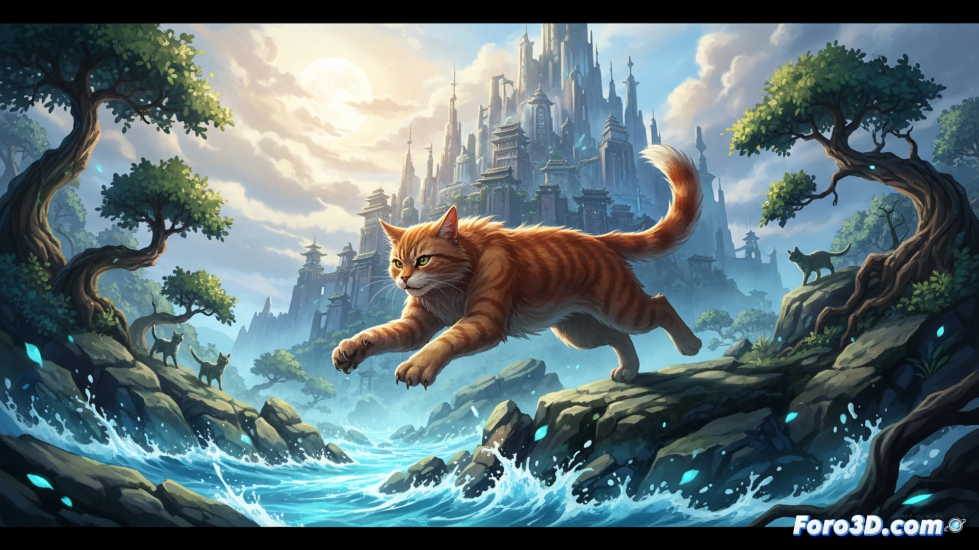 cinematic shot of a glowing forest at twilight, three warrior cats from different clans poised on mossy rocks, one cat leaping mid-air with claws extended toward a glowing acorn-shaped story orb, while a digital storyboard tablet lies on the ground showing Marvel-style panel sketches and Pixar-style character expressions, soft blue and amber magical lighting, stylized anime aesthetic with painterly fur textures, action frozen during the leap, dramatic wind blowing leaves and fur, ultra-detailed fur strands and glowing eyes, cinematic animation concept art style