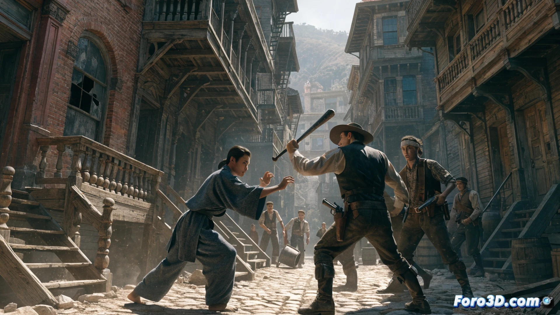 San Francisco 1870s muddy street brawl, Chinese immigrant fighter executing a spinning hook kick, dust clouds rising from cobblestones, opponents with brass knuckles and broken bottles, period-accurate wooden storefronts and gas lamps in background, cinematic martial arts action shot, dynamic motion blur on kicking leg, sweat droplets frozen mid-air, tattered traditional Chinese shirt flowing, dramatic low-angle lighting, photorealistic historical reconstruction, gritty texture on worn bricks and wooden barrels, intense facial expressions showing combat fury, ultra-detailed fabric wrinkles and leather boots
