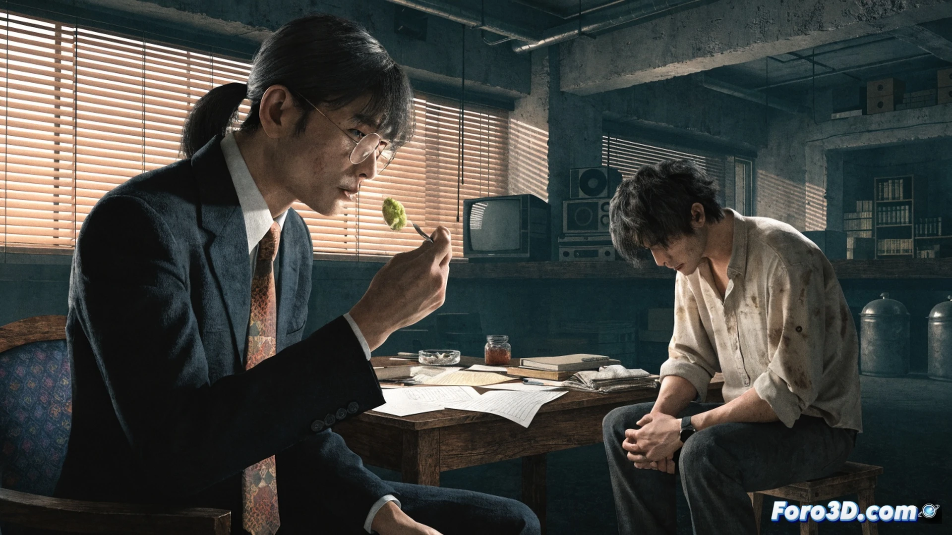 Japanese detective interrogation room from 1990s, investigator Ryuhei Kuroshima holding a small ceramic dish with green wasabi paste while a suspect grimaces in discomfort, dim fluorescent lighting casting harsh shadows, CRT monitor showing pixelated crime scene photos on a wooden desk, scattered case files and a cassette recorder, VHS tapes stacked near an old television, tatami mat floor, visible tension during the pressure interrogation process, cinematic photorealistic style, dark atmospheric mood, film grain texture, period-accurate technology details, dramatic chiaroscuro lighting, ultra-detailed facial expressions, psychological thriller aesthetic
