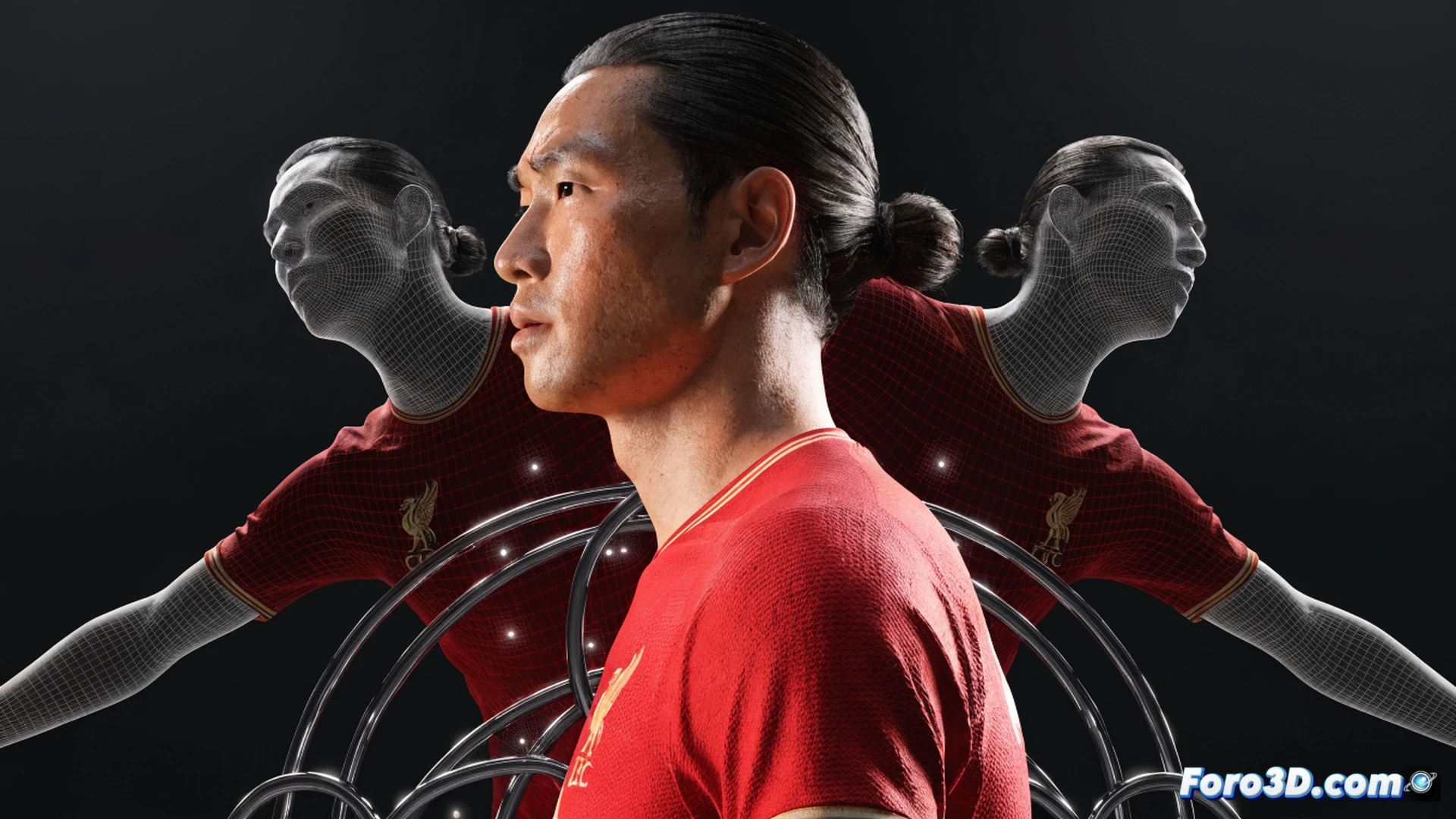Wataru Endo midfield heatmap visualization, player silhouette in red Liverpool kit making a sliding tackle while surrounded by glowing blue pressure lines and passing trajectories, 3D positional data nodes floating around his body showing recovery zones and ball progression angles, tactical analysis interface with translucent pitch grid and motion vectors, cinematic sports science render, dynamic action pose with intense focus, photorealistic player model, soft stadium floodlighting, deep green grass texture, realistic fabric folds and sweat detail, data-driven technical illustration