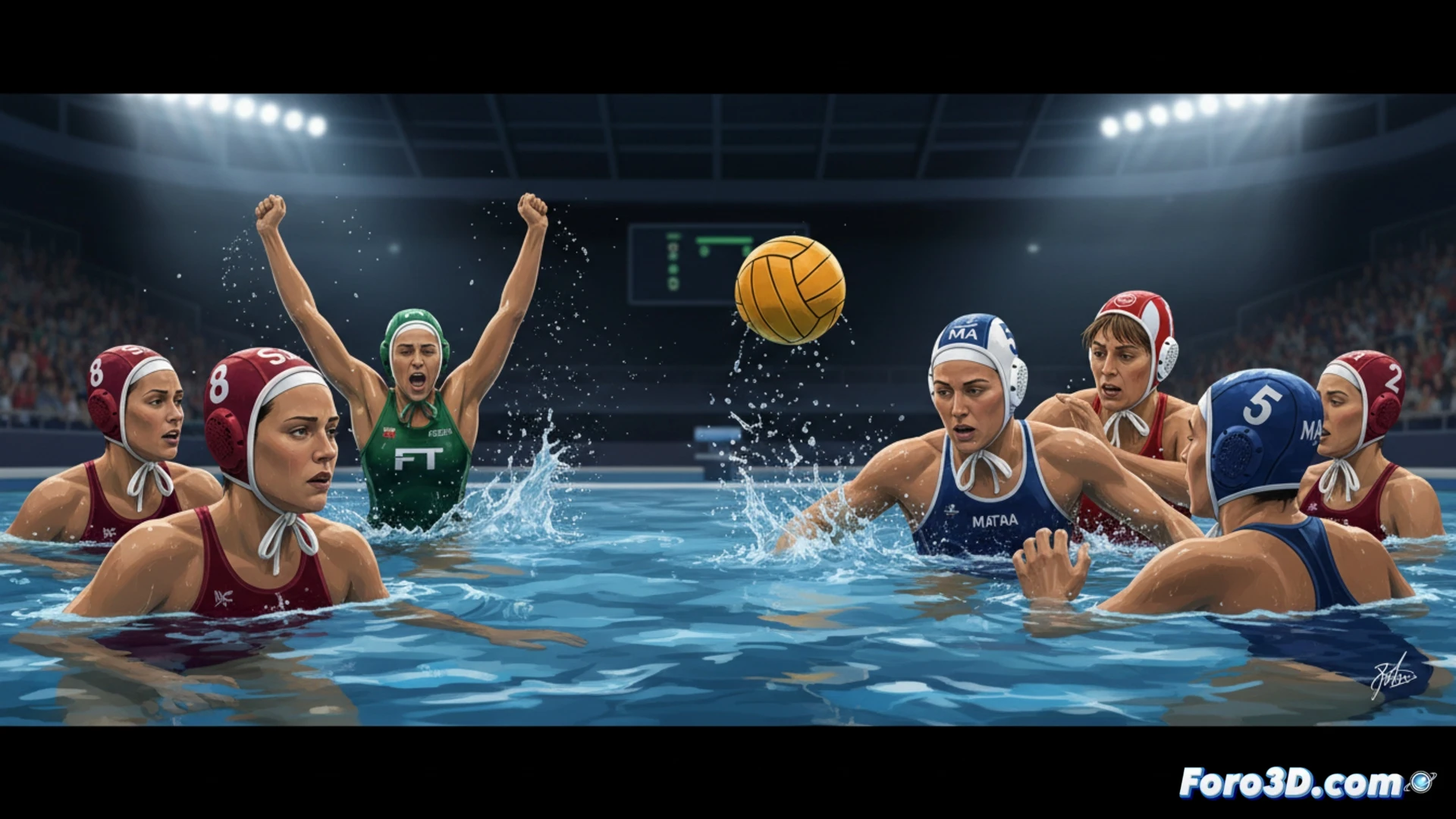 water polo match climax, female player lunging for ball during penalty shootout, ball mid-air above splashing water, opponent goalkeeper stretching to block, pool deck with team benches and scoreboard in background, photorealistic sports photography style, dramatic stadium lighting, water droplets frozen in motion, intense facial expressions under caps, wet skin reflections, blue and white pool lane dividers, blurred audience in stands, cinematic depth of field, high-speed freeze frame action