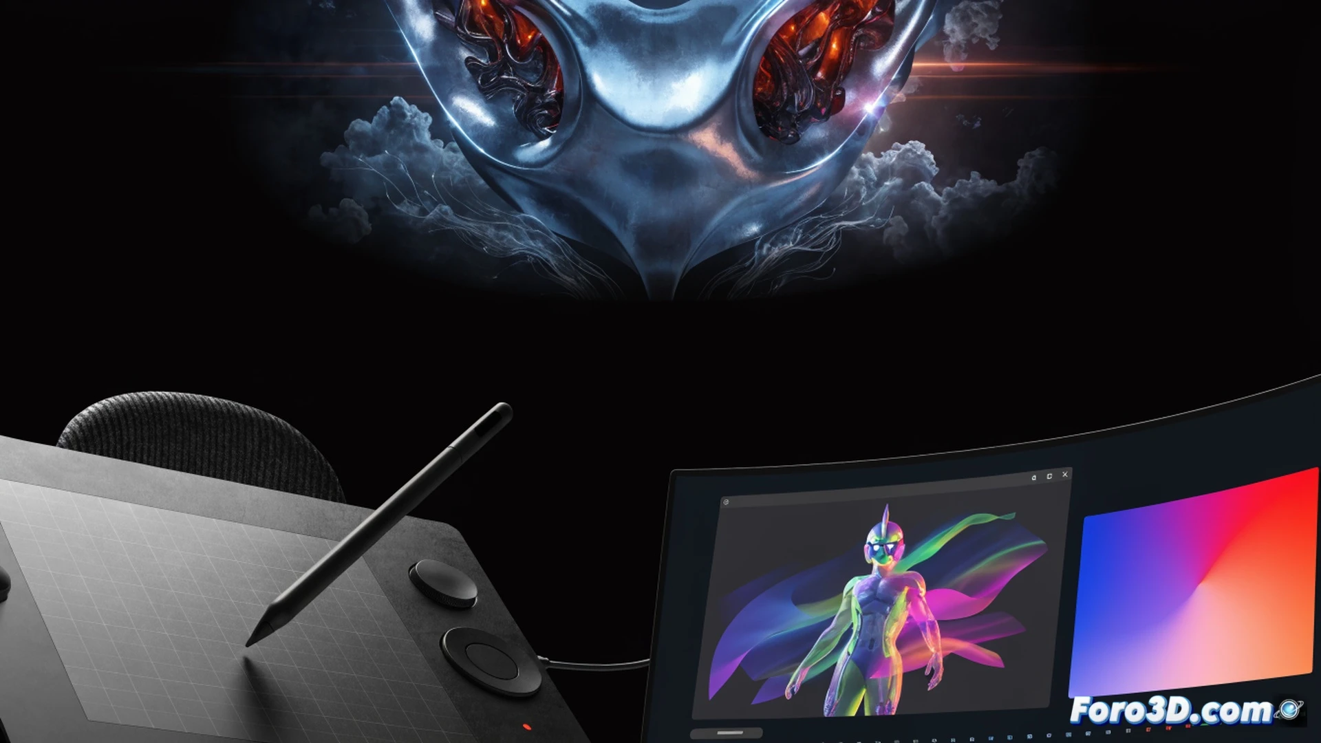Cinematic scene of a digital artist using a pressure-sensitive stylus on a large graphics tablet in a dimly lit studio, tablet input being processed through a modern Wayland compositor while a floating color management panel shows precise sRGB and Display P3 gamut mapping, adjacent monitor displays a 3D animation timeline in Blender with real-time window compositing, ghosted overlay of X11 legacy artifacts fading away, photorealistic technical illustration, dramatic blue and orange lighting, ultra-detailed stylus tip and tablet surface, smooth motion blur on cursor trails, engineering visualization style