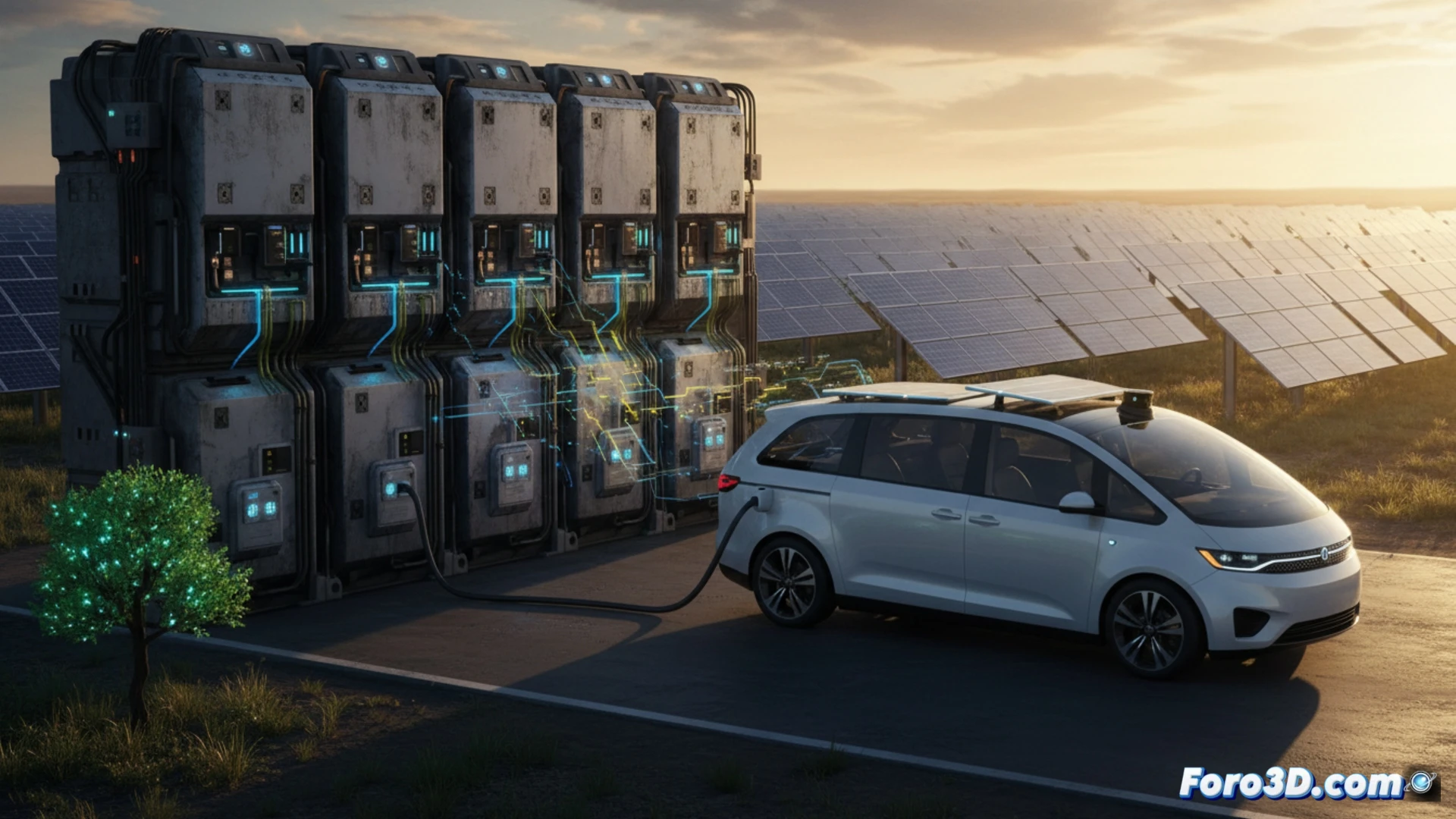 Baterías de robotaxi Waymo desmontadas en fila, técnico con multímetro midiendo voltaje residual mientras un panel solar ilumina un banco de baterías reutilizadas conectado a un inversor, fondo de estación de carga solar con cables gruesos, estilo cinematic photorealistic engineering visualization, luz natural brillante, textura metálica desgastada, polvo en el aire, componentes eléctricos detallados, proceso de segunda vida en acción