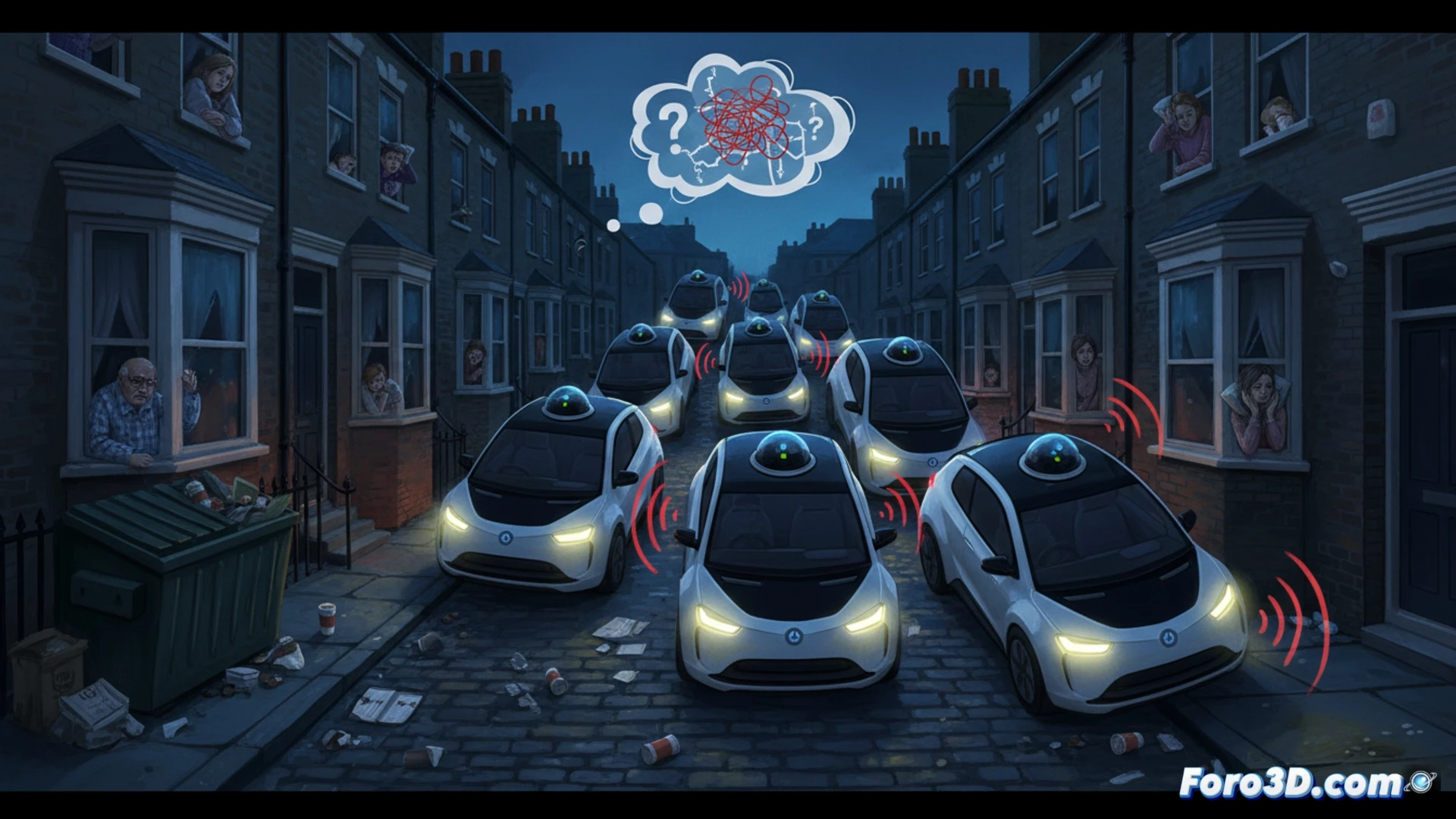 Autonomous Waymo vehicle reversing in narrow dead-end alley at 3 AM, white Jaguar I-PACE with roof LiDAR spinning rapidly, brake lights flashing against brick wall, wheels turning sharply while sensors scan obstacles, nearby residential windows with faint bedroom lights, cobblestone street reflecting headlights, motion blur on tires during repeated forward-backward maneuvers, glowing sensor array beams intersecting in darkness, cinematic night photography style, photorealistic urban scene, blue ambient glow from dashboard screens inside cabin, exhaust condensation in cold air, tense mechanical action, ultra-detailed vehicle components, dramatic shadow play from street lamps
