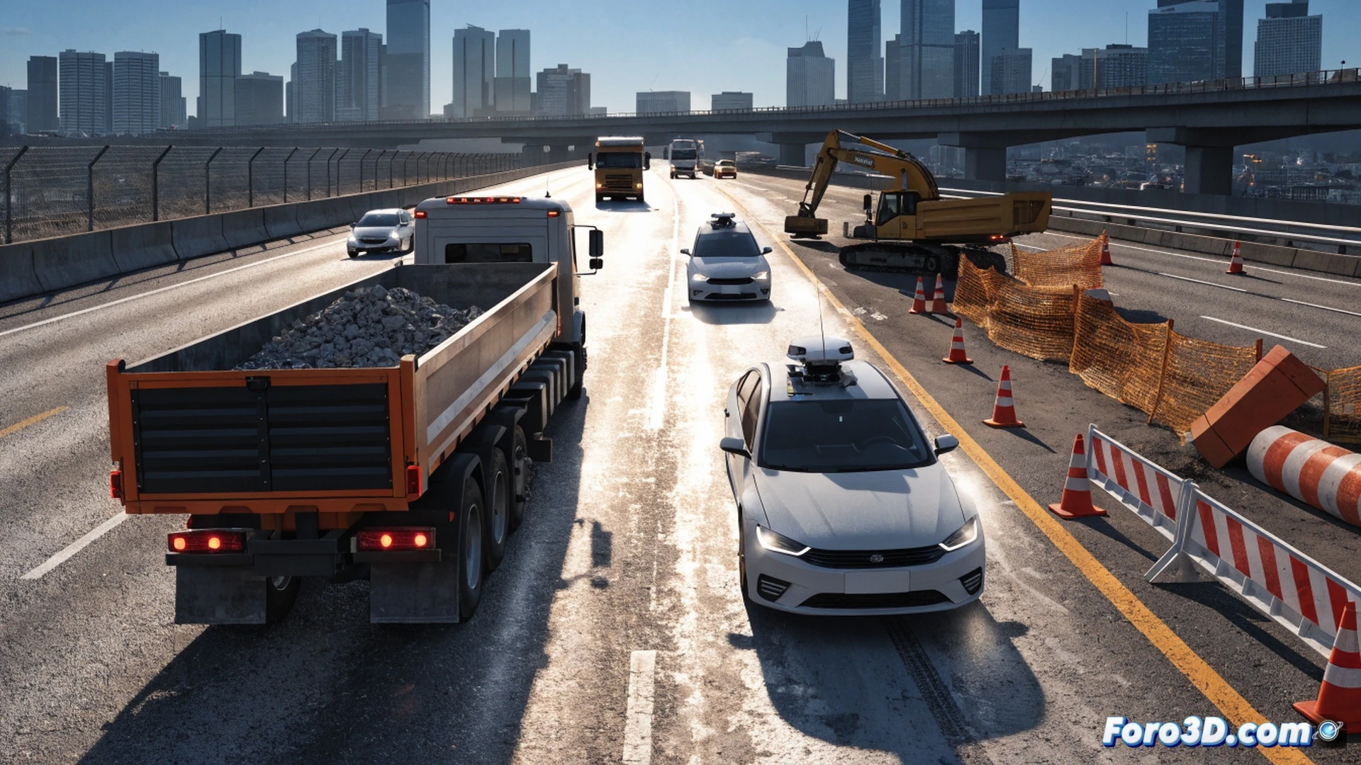 Three autonomous taxis stopped at a highway construction zone, one vehicle with its sensor array flashing red error lights, orange traffic cones scattered around a digital roadwork sign, a laptop connected to a diagnostic port showing a ghosted object detection failure overlay, construction workers in hard hats waving warning flags, glowing LIDAR beams passing through a barrier instead of detecting it, photorealistic technical illustration, cinematic lighting with harsh midday sun casting sharp shadows, metallic car bodies reflecting orange warning signs, dust particles visible in the air, ultra-detailed camera modules and radar housings on the roof rack, dramatic tension of malfunctioning automation