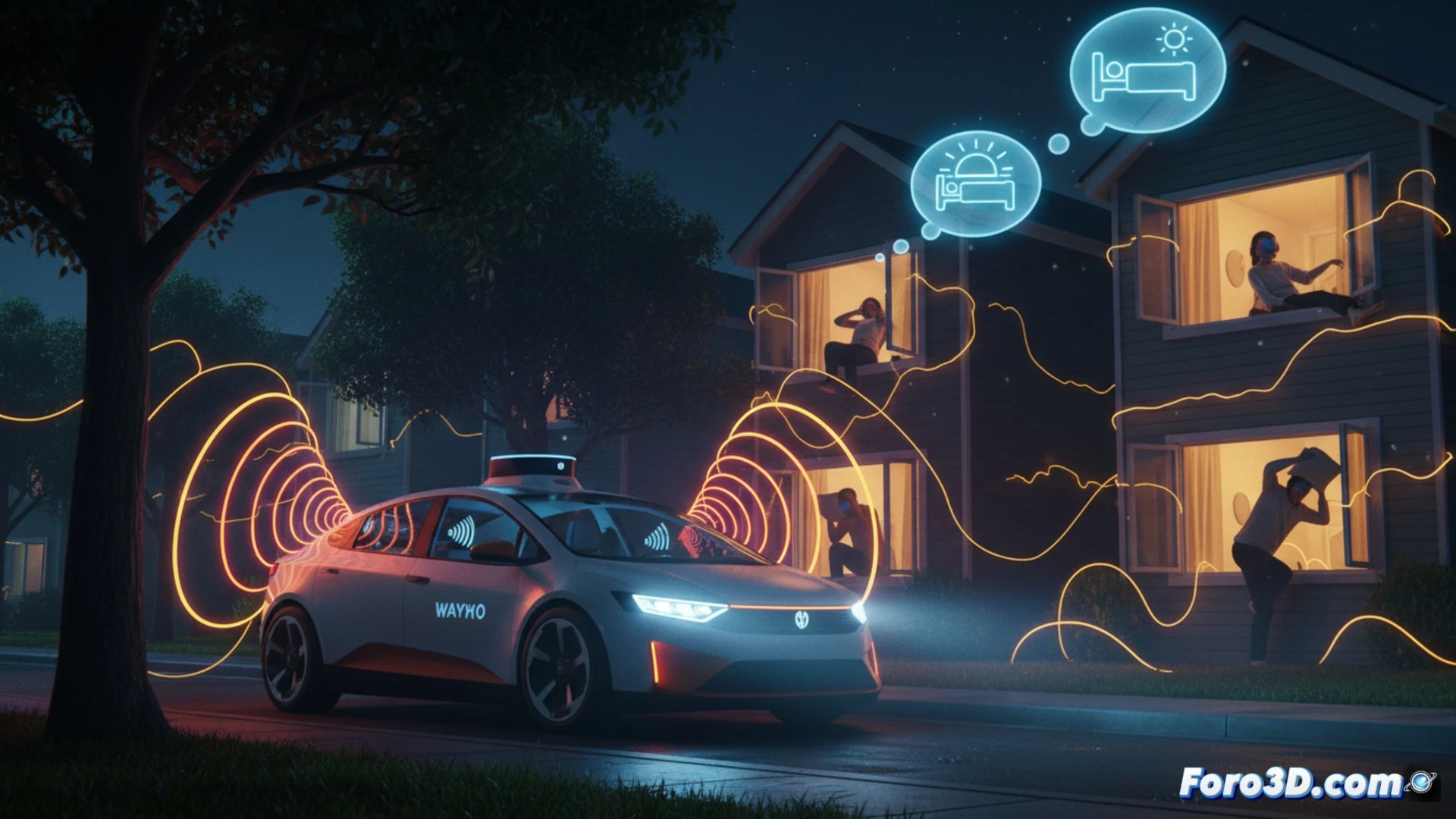 A self-driving Waymo vehicle stuck in a cul-de-sac at night, headlights illuminating a row of suburban houses, internal lidar sensor array blinking red in failure mode, frustrated resident in pajamas standing at bedroom window while holding a pillow, clock on dashboard showing 3:00 AM, technical error code displayed on the vehicle's main screen, cinematic night scene, cold blue moonlight contrasting with warm house windows, photorealistic engineering visualization, motionless wheels, dramatic shadows, ultra-detailed sensor hardware, realistic suburban street texture