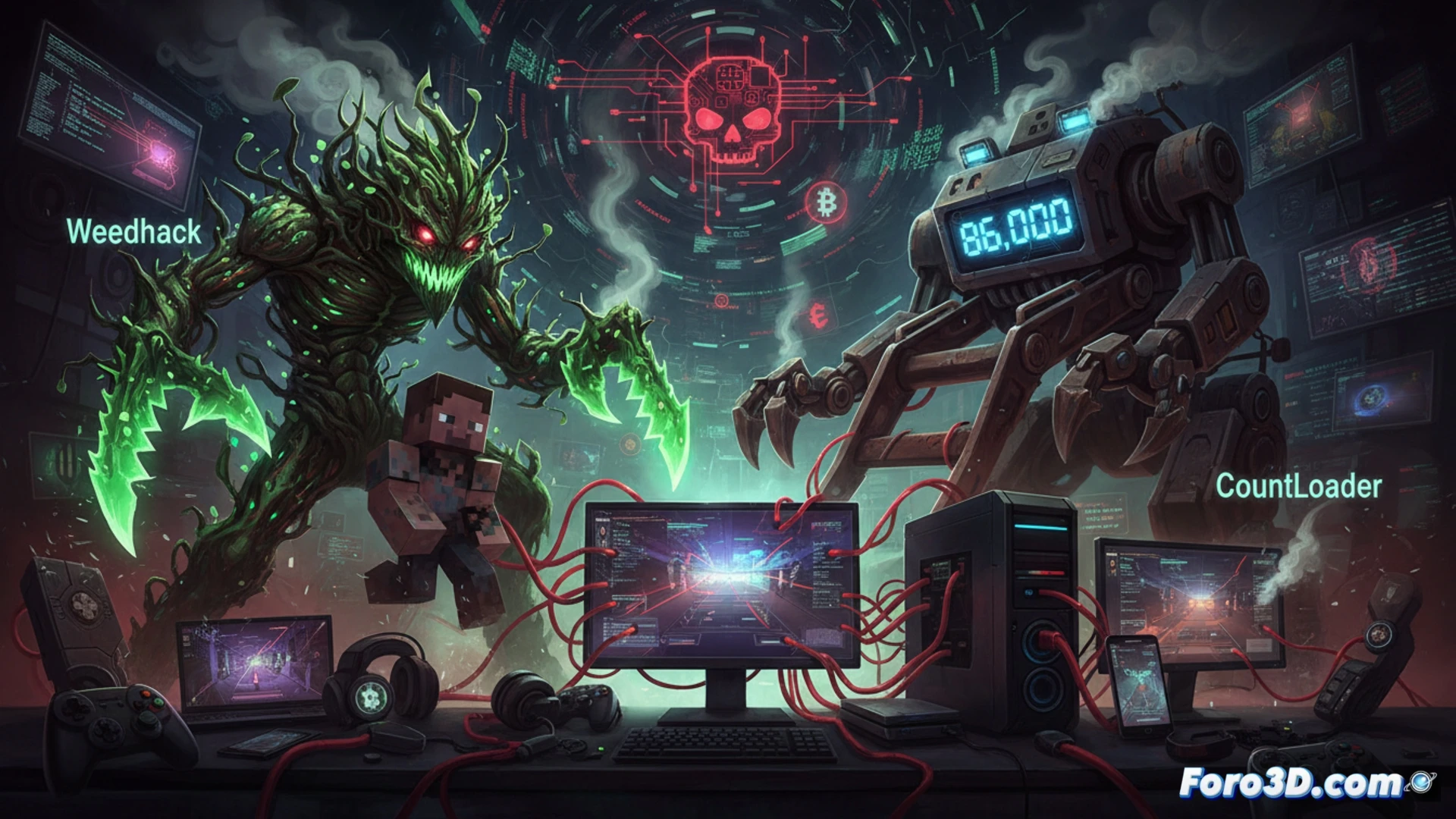 gaming rig infected by Weedhack malware, Minecraft block textures glitching with red code lines, CountLoader trojan spreading across a network of 86,000 PCs shown as glowing red nodes on a dark world map, cryptocurrency miner hidden inside a cracked software installer, process of data exfiltration from a gaming console to a hacker server, cinematic photorealistic technical illustration, dramatic blue and red hacker lighting, detailed motherboard components with glowing virus traces, ultra-realistic engineering visualization