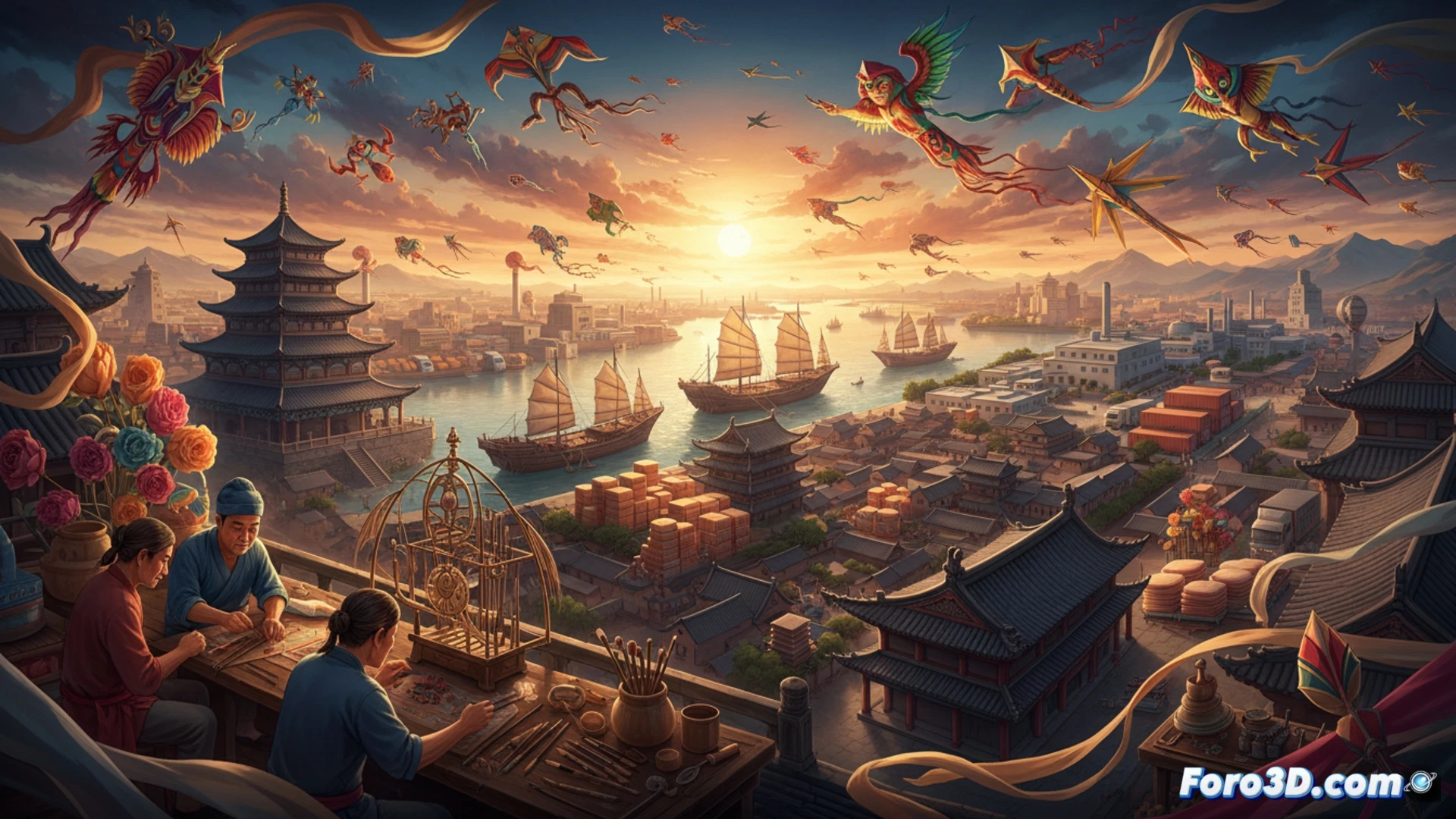 Weifang kite factory floor, artisan hands shaping bamboo frame while sewing machine stitches colorful dragon kite sail, rolls of ripstop nylon fabric stacked on shelves, half-assembled box kites hanging from ceiling hooks, worker testing bridle line tension on a giant centipede kite, cinematic documentary style, warm golden hour light through dusty workshop window, photorealistic technical illustration, detailed weaving of kite tails, industrial sewing machines in background, cultural craft meets mass production, action of assembly captured mid-motion