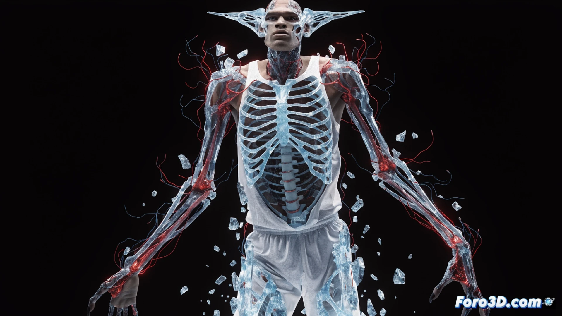 basketball player with elongated limbs blocking a three-point shot, 3D biomechanical wireframe overlay highlighting arm span and joint angles, motion capture markers on body tracking defensive slide, glowing skeletal structure visible through translucent skin, court lines and hoop visible beneath, cinematic technical illustration style, dark gym background with dramatic spotlight, photorealistic anatomy render, sweat droplets frozen mid-air, dynamic action pose showing perimeter coverage