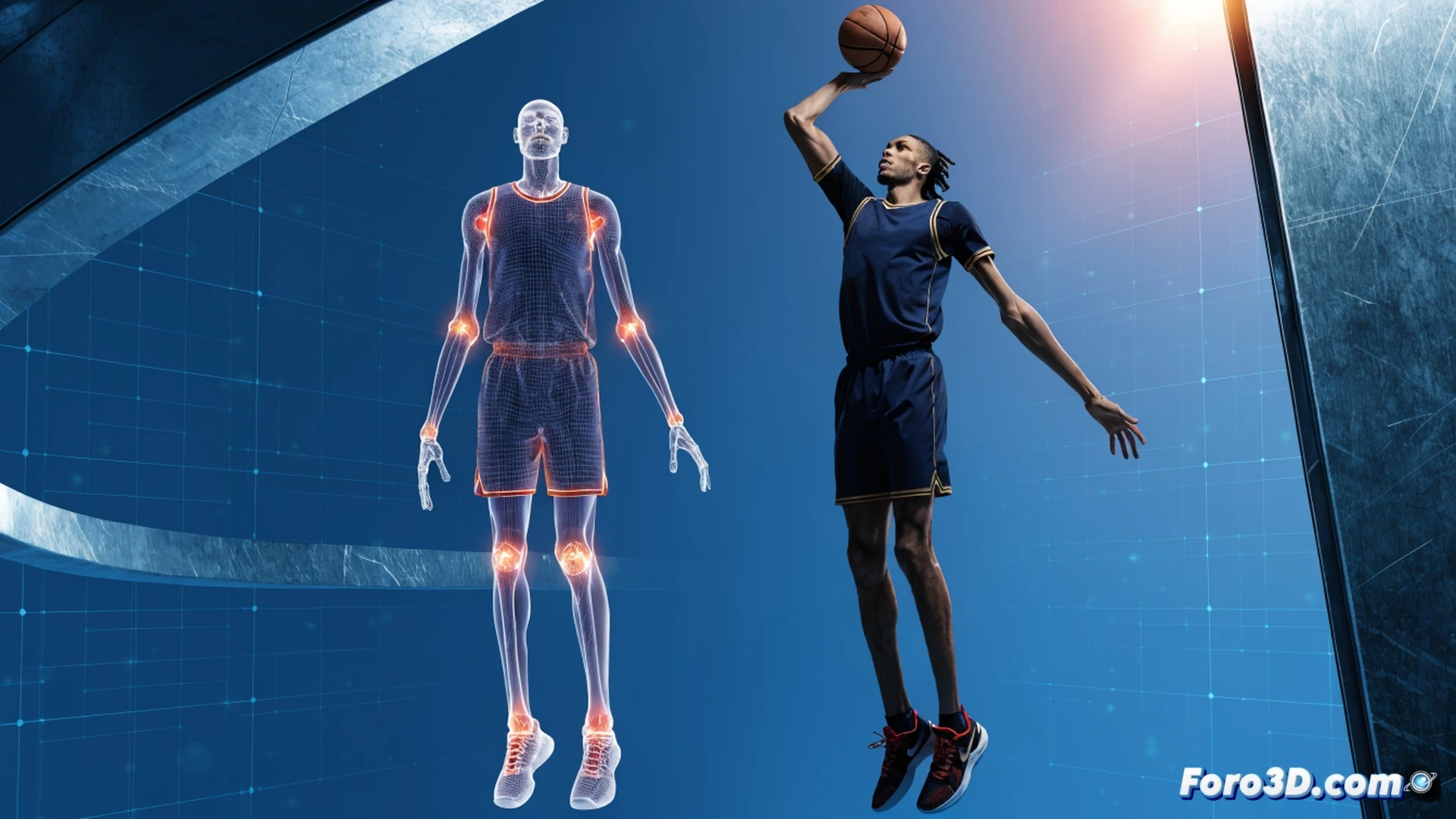 Photorealistic biomechanical 3D scan of Victor Wembanyama in action, left arm extending for a block while right hand releases a three-point shot, translucent muscle and bone overlay showing elongated femur and humerus, knee and shoulder joints highlighted with glowing orange stress lines, motion capture markers on limbs, holographic skeletal grid floating beside him, basketball net behind, dark studio with blue volumetric light, ultra-detailed anatomical render, engineering visualization style, fluid athletic pose