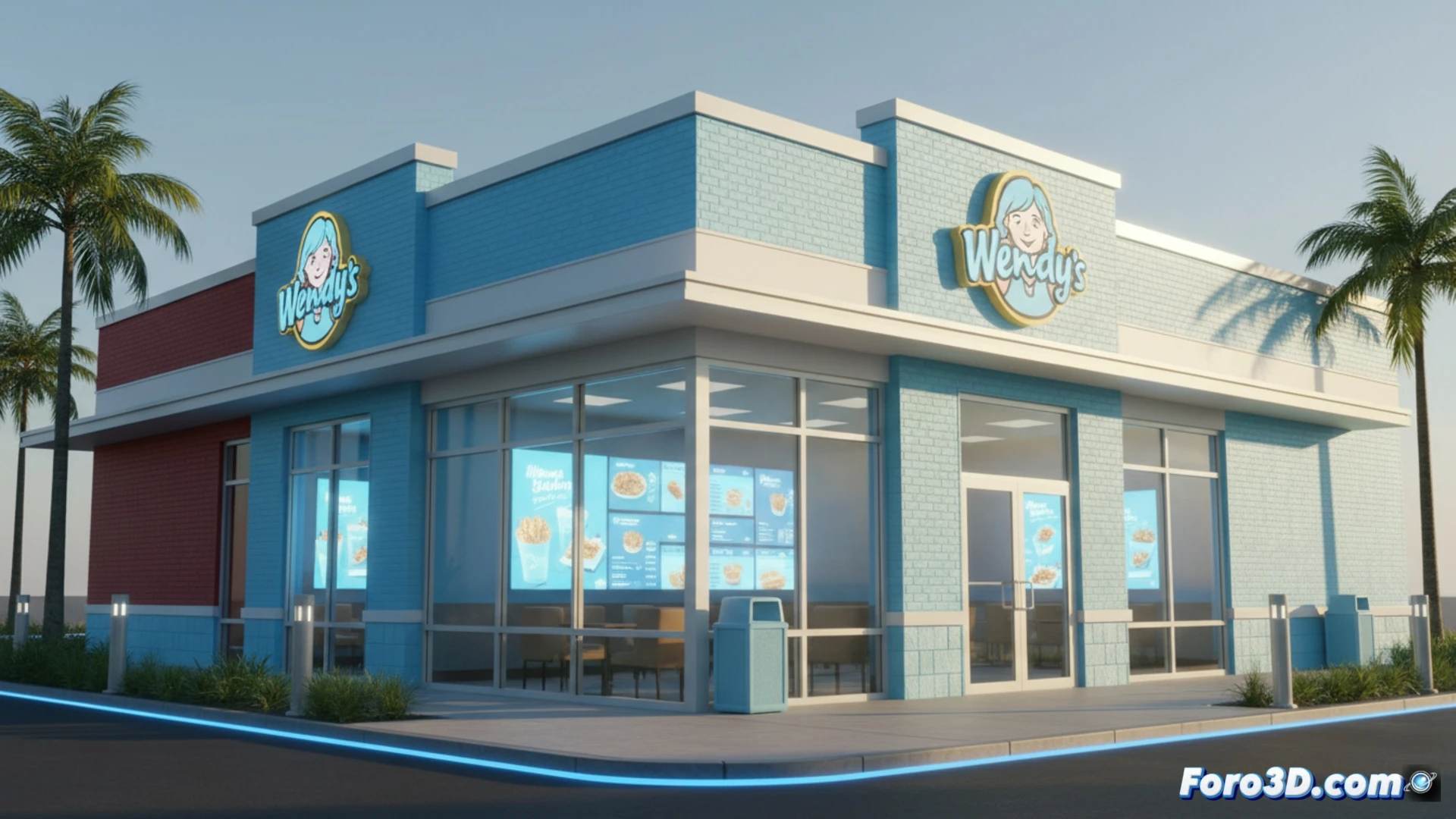 Wendy´s restaurant facade being repainted from red to light blue, construction workers applying fresh azure paint over old red panels, digital interactive menu screens glowing on the wall, a customer looking confused while holding a burger, hunger-inducing red fading away, appetite suppression effect symbolized by steam rising from a cold burger, cinematic architectural transformation, photorealistic daytime scene, scaffolding and paint rollers visible, ultra-detailed brick texture, dramatic contrast between warm and cool tones, bright natural lighting