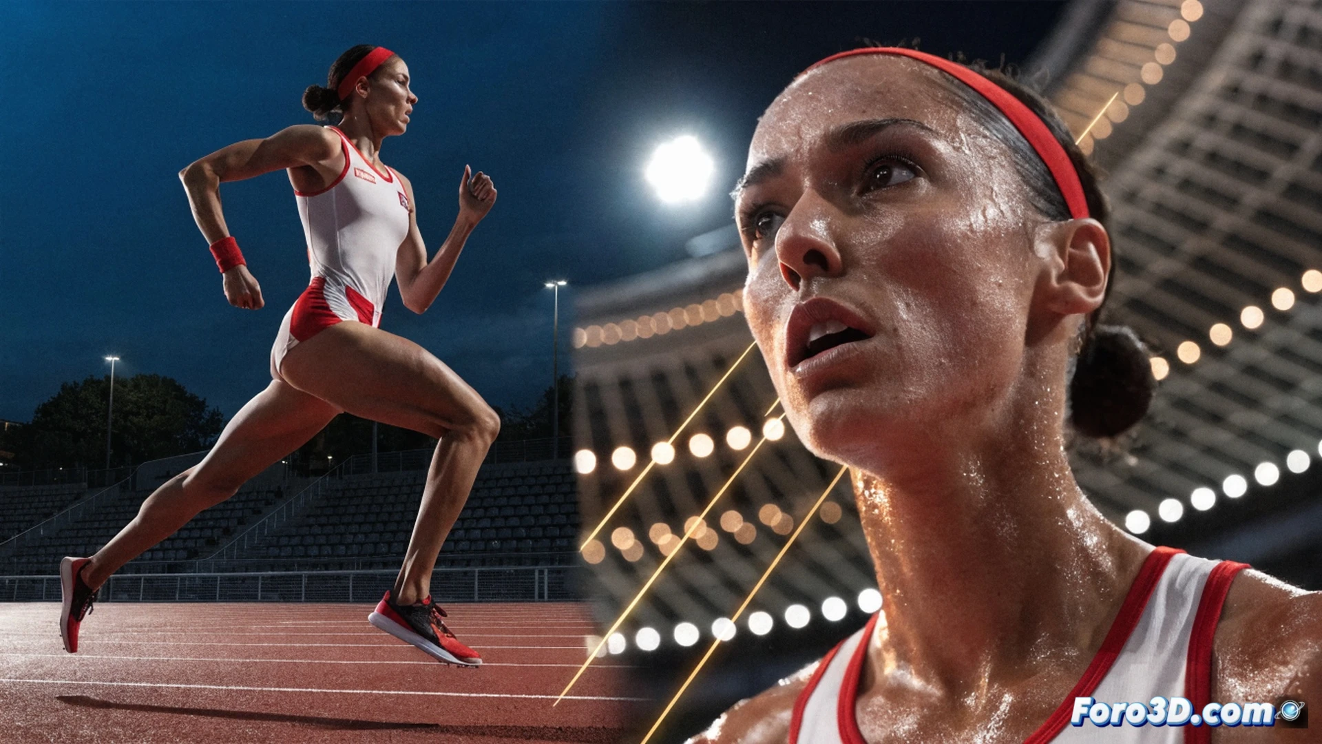 Atleta femenina en plena zancada sobre pista azul de París, cronómetro digital mostrando 1:53.28 en primer plano borroso, línea de meta iluminada al fondo, músculos de piernas en máxima tensión durante el esfuerzo, zapatillas con clavos impactando el tartán, brazos bombeando sincronizados, sudor visible en la frente, estadio con asientos vacíos bajo reflectores nocturnos, estilo cinematográfico photorealistic, luz cálida de atardecer contrastando con sombras alargadas, profundidad de campo reducida, grano fino analógico, sensación de velocidad y récord inminente, composición dinámica con ángulo bajo desde la pista.