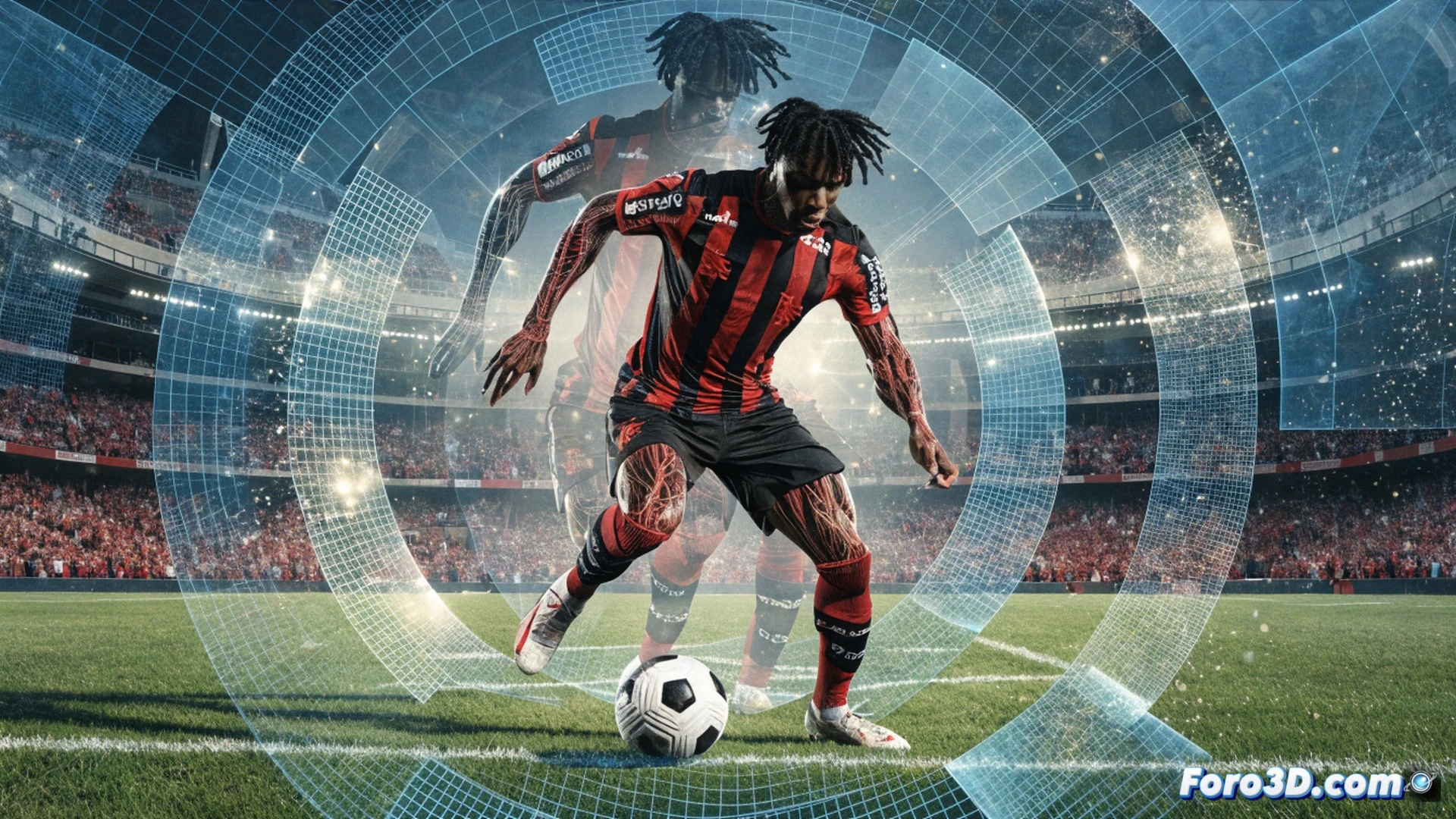 young Flamengo winger Wesley dribbling at full speed on a rainy pitch, left foot cutting inside past a defender, ball close to his boot, motion blur on legs and trailing rain streaks, 3D wireframe overlay tracking his body movement and acceleration data, glowing blue biomechanical lines around his ankles and hips, tactical heatmap on the grass showing his dribbling path, cinematic sports science visualization, photorealistic skin texture, stadium floodlights creating dramatic shadows, volumetric rain particles, ultra-detailed grass blades and boot studs, technical illustration style with transparent data panels floating in foreground