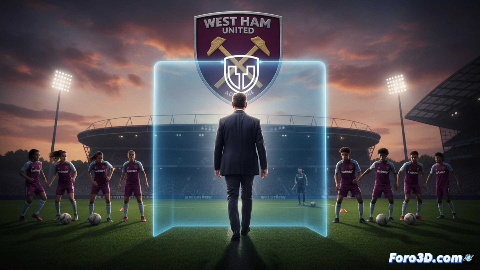 cinematic night scene of a stadium security checkpoint, a man in a suit holding a laminated ban notice with a red cross over a youth team logo, his hand pushing away a women's team roster paper, security guard in hi-vis vest stepping forward blocking access, blurred stadium lights in background, photorealistic technical illustration, high contrast shadows, security camera lens reflection on the paper, dramatic low-angle shot, tension visible in body language, ultra-detailed fabric textures and badge details, no text or numbers visible