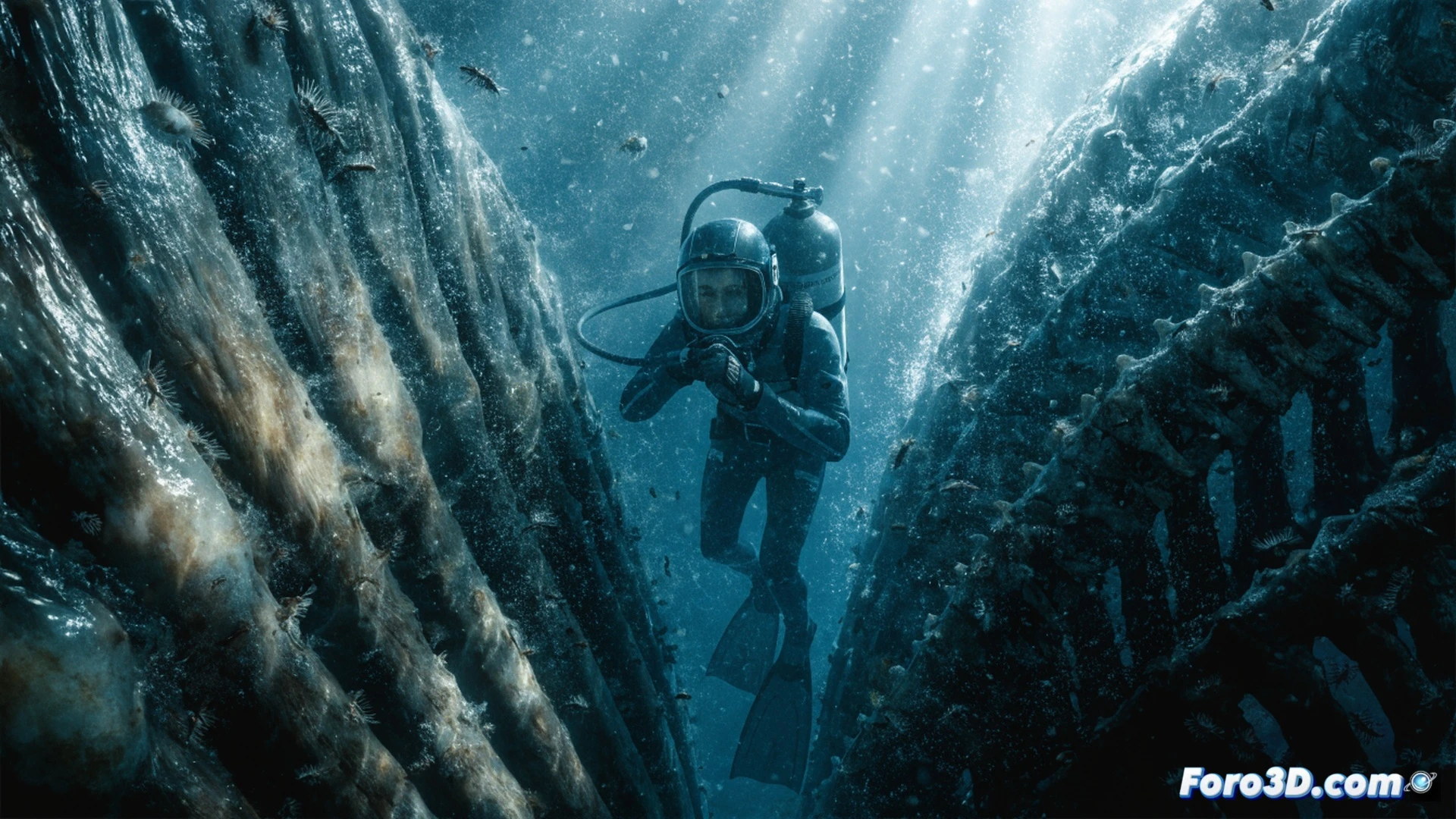 young diver trapped inside a whale s ribcage, limited oxygen tank showing pressure gauge at critical level, flashlight beam cutting through dark organic tissue, hands gripping wet bones while searching for an exit, claustrophobic underwater cavern, bioluminescent particles floating in murky water, cinematic photorealistic style, dramatic side lighting from flashlight, textured whale flesh and skeletal structure, high contrast shadows, intense survival action, hyper-detailed wet surfaces, cold blue-green color palette, technical survival gear visible, tension in body posture