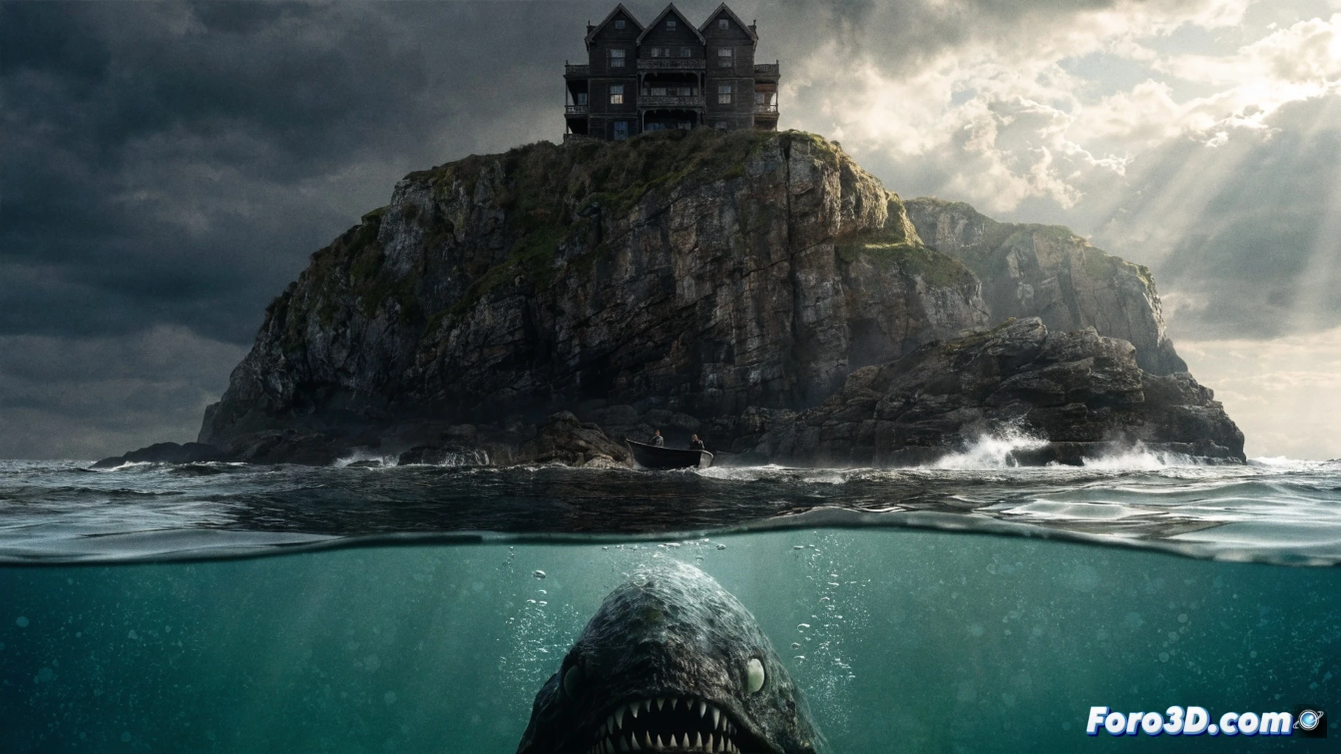 cinematic horror scene of a decaying coastal mansion at twilight, a massive great white shark fin cutting through misty lake water beside a crumbling dock, an open vintage book on the dock pages fluttering showing occult symbols, a flickering lantern casting long shadows, dark forest silhouette in background, photorealistic technical visualization, dramatic chiaroscuro lighting, ultra-detailed textures of weathered wood and wet stone, atmospheric fog, 8k render quality
