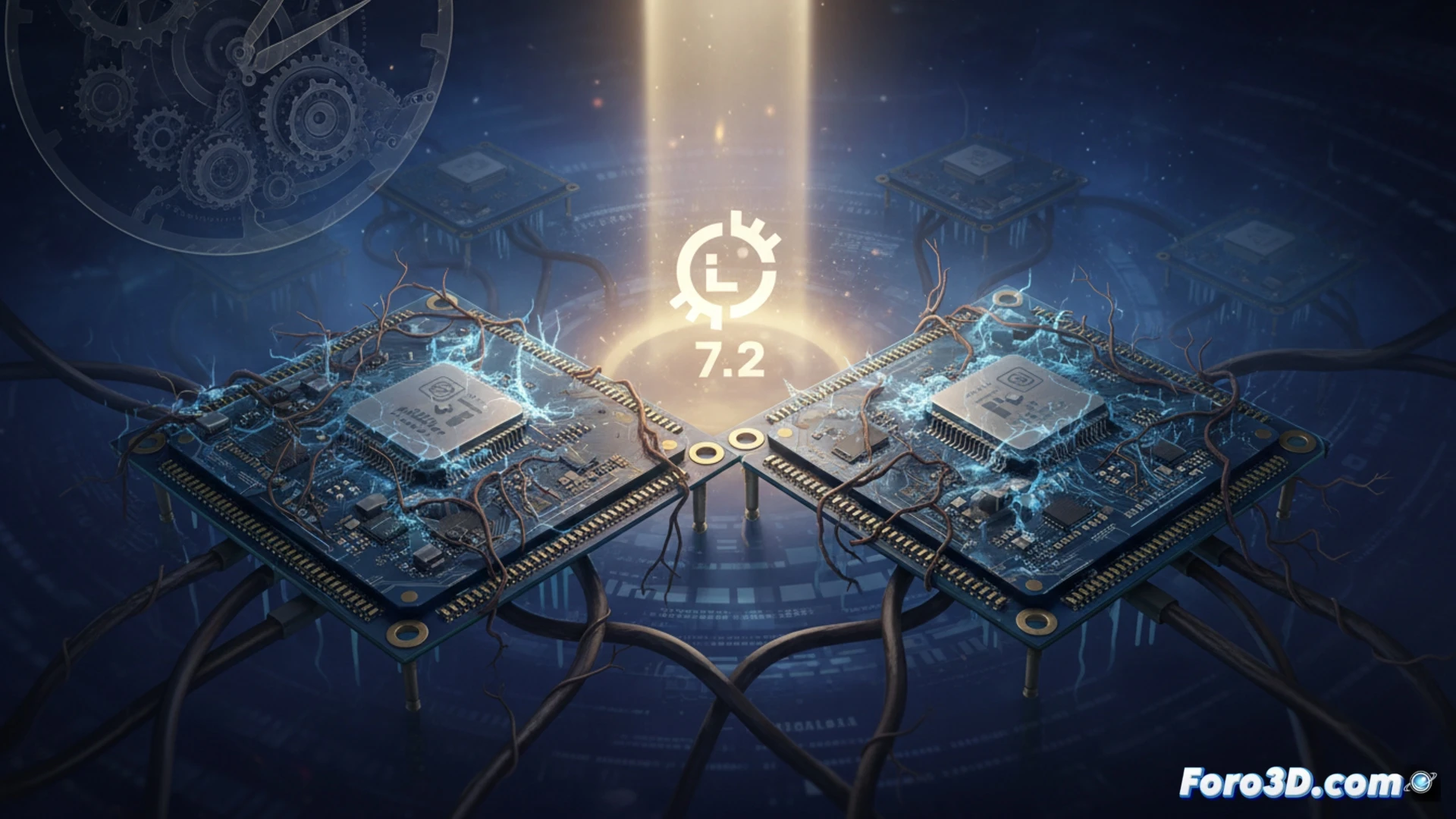 Photorealistic technical illustration of two single-board computers on a workbench, BeagleV Ahead and Lichee Pi 4a, with exposed circuit boards showing dormant WiFi module chips being activated by a glowing kernel update symbol floating above them, a Linux penguin icon inserting a digital key into the board, while a cracked open box labeled open-source hardware lies nearby, tools like a screwdriver and multimeter on the side, dramatic low-angle lighting casting long shadows, metallic PCB traces reflecting light, cinematic engineering visualization, ultra-detailed solder joints, components in amber and blue tones, action of incomplete product being fixed after two years