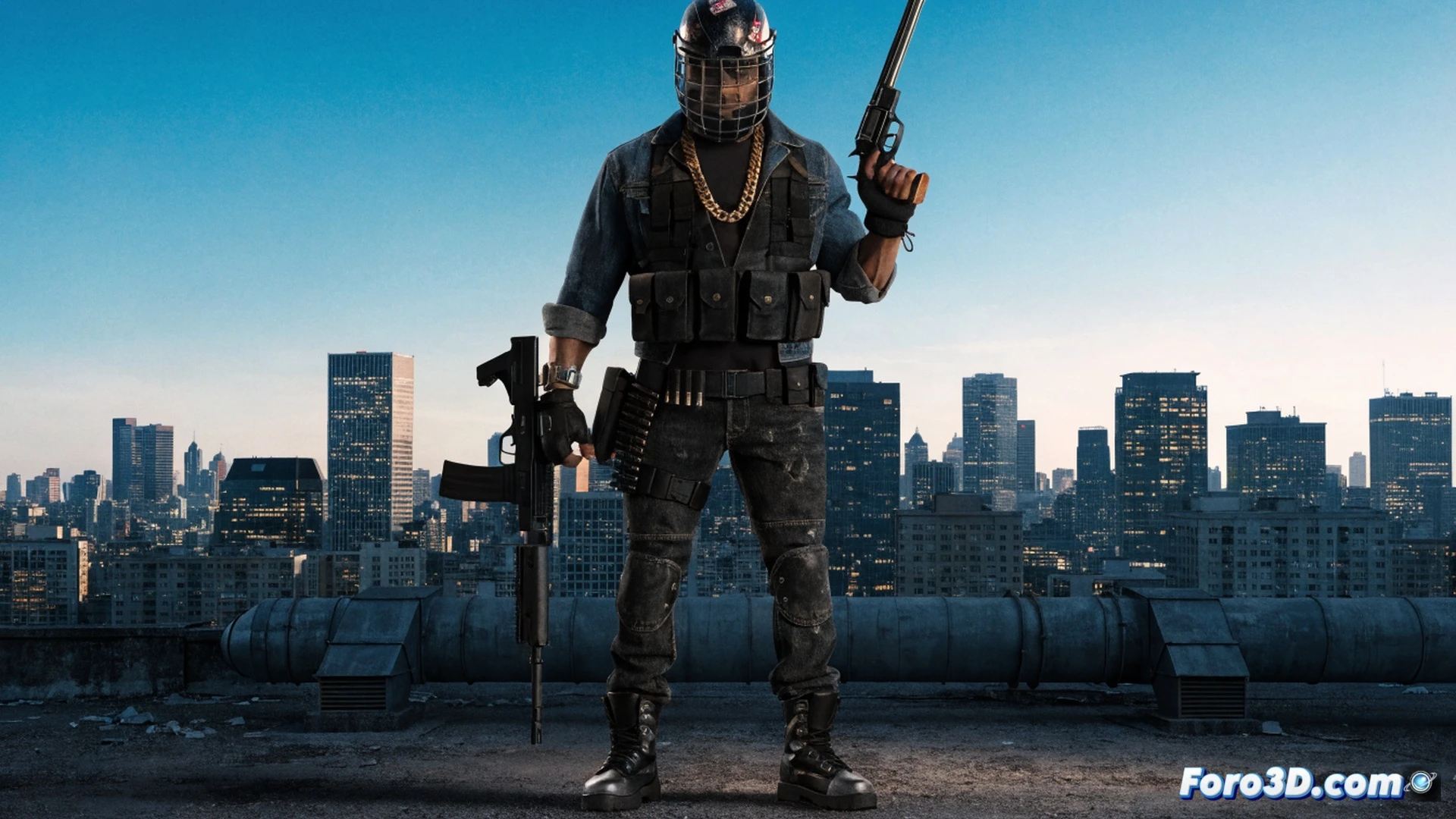 Urban vigilante Jack Wheeler in tactical combat pose on rain-slicked rooftop at night, wearing scuffed hockey mask, worn leather jacket, gripping modified pistol with tactical rail, aiming downward at alley below, motion blur on distant police lights reflecting in puddles, bullet shell casings mid-air ejection, dark industrial skyline of Capitol city with glowing neon signs and water tower silhouette, gritty comic book realism, dramatic low-angle shot, cinematic noir lighting with high contrast shadows, photorealistic technical illustration style, raw urban texture on concrete and metal surfaces