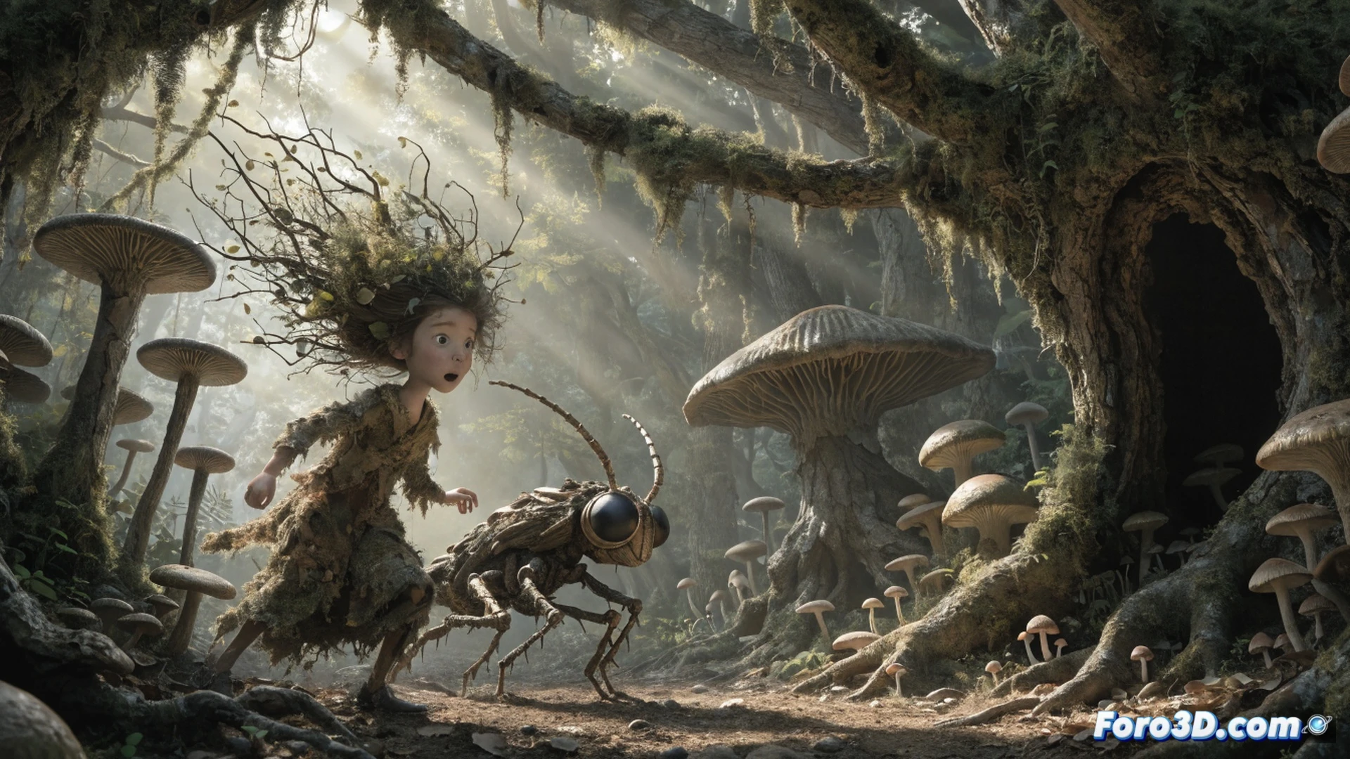Stop-motion puppet of a young girl running through a dense magical forest, surrounded by hundreds of tiny hand-sculpted leaves and branches, a clay animator's hand adjusting her pose while a digital camera rig captures the frame, wooden armature joints visible under her dress, glowing fairy lights woven into the foliage, dust motes suspended in dramatic side lighting, cinematic photorealistic technical illustration, showing the meticulous process of frame-by-frame animation, ultra-detailed textures of wool, wire, and painted wood, warm amber and deep green color palette, action frozen mid-stride, demonstrating human craftsmanship against digital speed