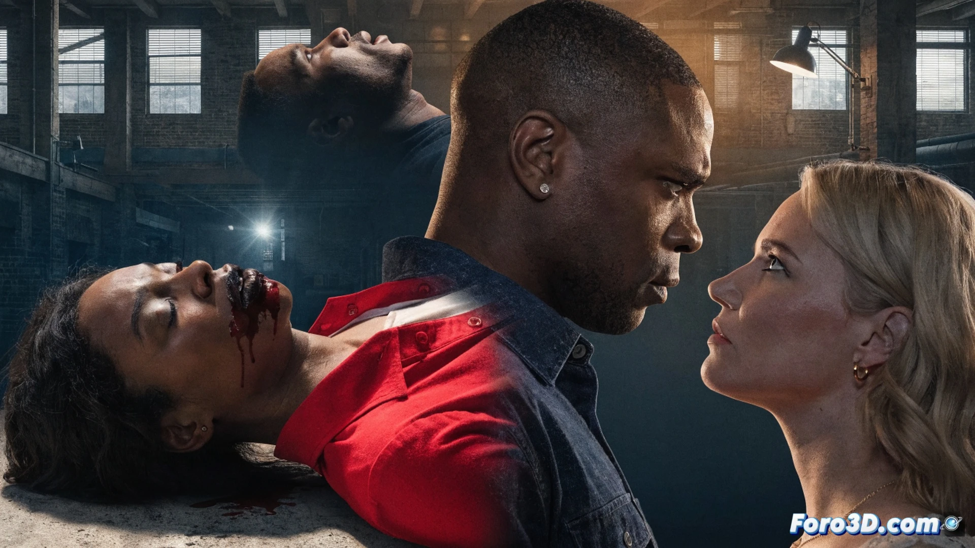 Will Trent and Angie Polaski standing in a dimly lit police evidence room, both examining scattered case files and forensic photographs on a metal table, Amanda y Seth s silhouettes fading into blurred background as ghostly figures, Will s hand hovering over a fingerprint analysis tool while Angie holds a digital tablet displaying crime scene diagrams, cinematic crime drama visualization, cool blue and amber lighting casting long shadows, realistic procedural atmosphere, photorealistic technical render, emotional tension in their close body language, glossy evidence bags and scattered paperwork creating layered depth