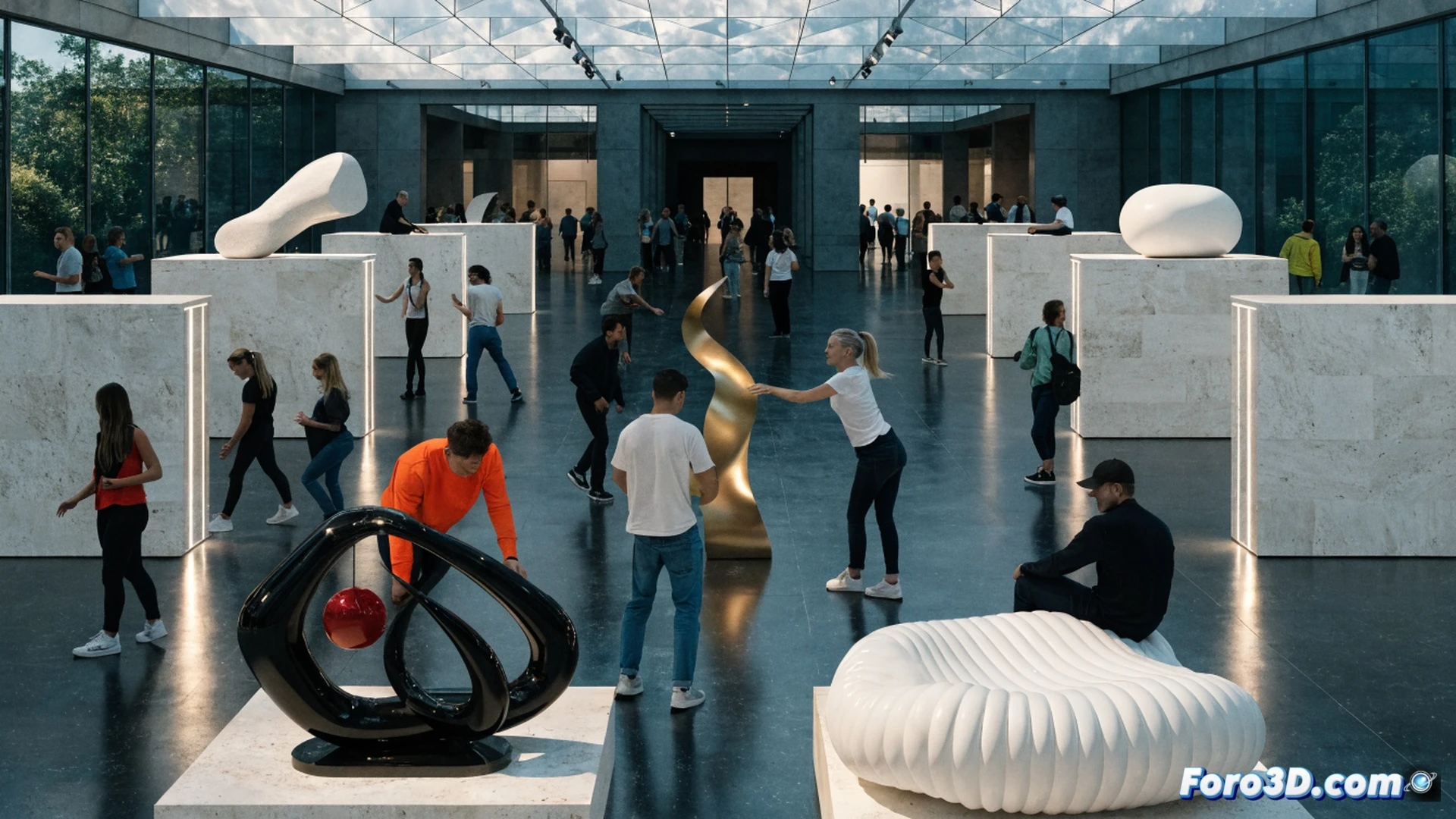 museum gallery space with suspended kinetic sculptures made of elastic ropes and counterweights, a visitor reaching upward to touch a hanging fabric element while another visitor’s arm extends toward a floor-mounted pivot mechanism, bodies in mid-motion during a guided improvisation, soft white gallery walls with natural light from tall windows, subtle shadow patterns cast by moving objects, technical architectural setting with exposed ceiling beams and polished concrete floor, cinematic photorealistic style, warm museum lighting, shallow depth of field focusing on hand-object interaction, fluid motion blur around limbs, ultra-detailed texture of woven cords and metal joints