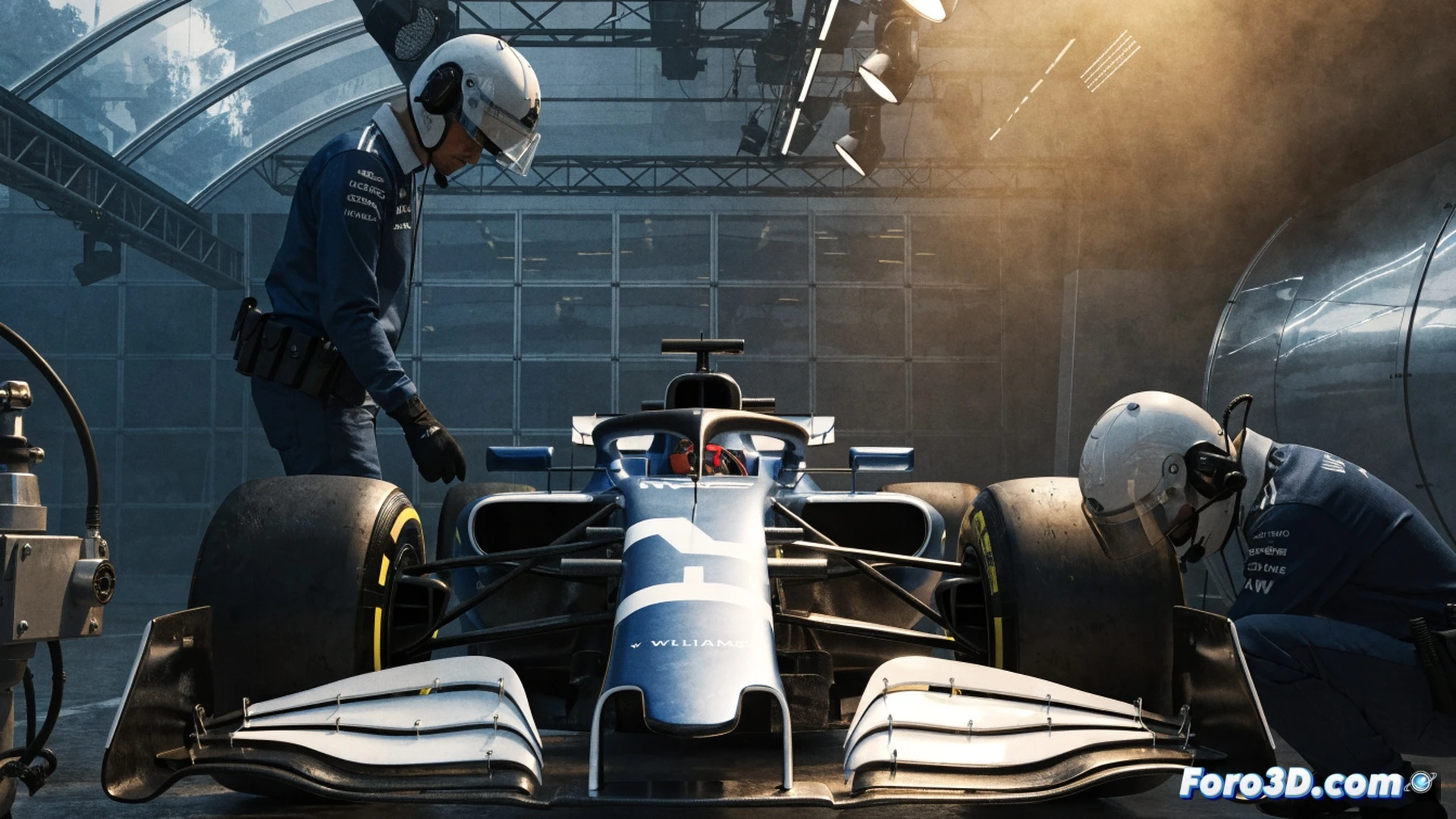 Williams F1 team pit crew performing a high-speed rear wing adjustment during a race simulation, carbon fiber components being precisely aligned by mechanics in fireproof suits, digital telemetry screens showing real-time aerodynamic data in the background, standalone garage environment without any car manufacturer branding, dramatic track lighting casting long shadows, sweat and focus visible on crew faces, photorealistic motorsport photography style, deep blue and white livery, intense competitive atmosphere, capturing pure racing passion without corporate logos