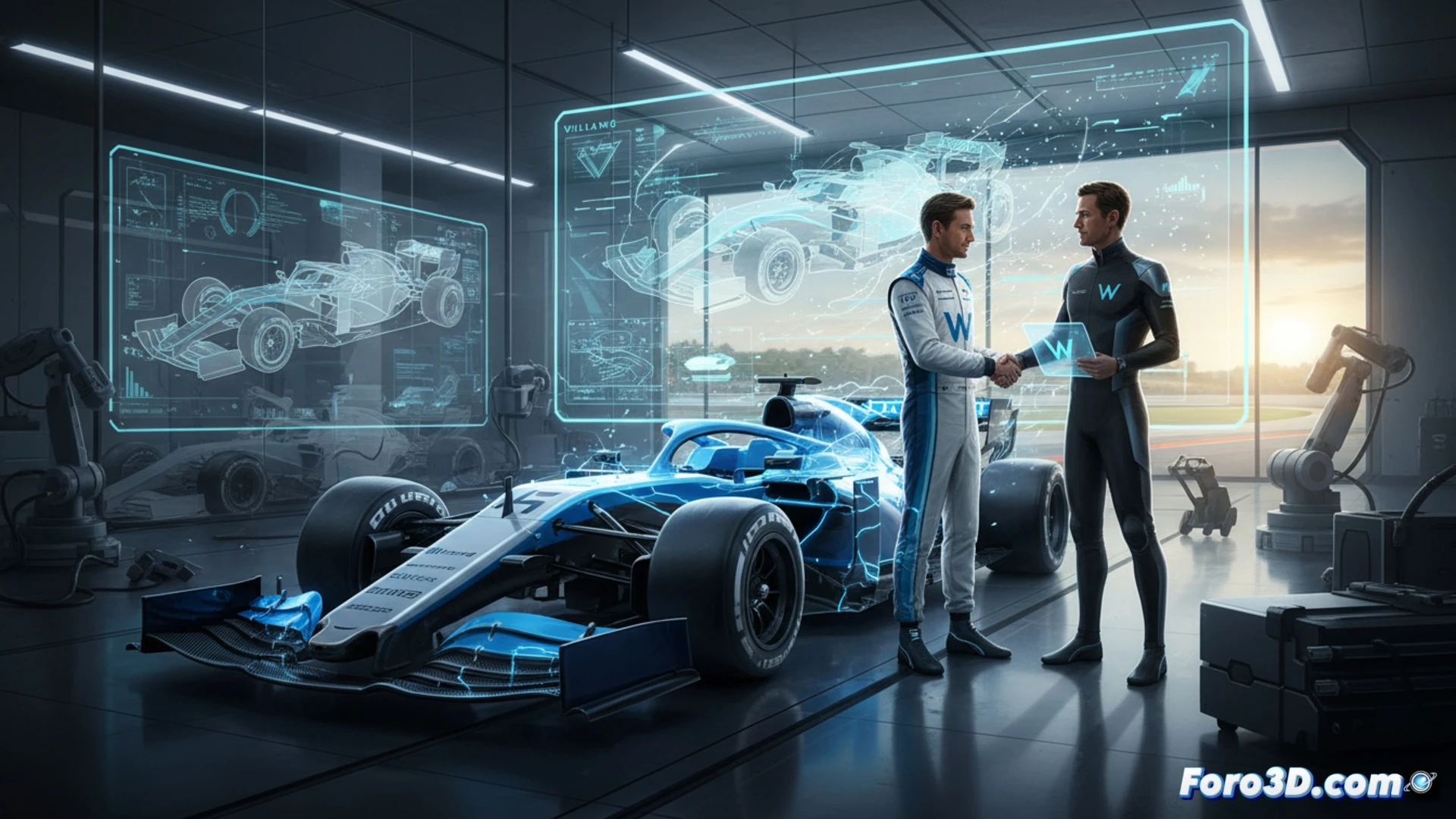 Un ingeniero de McLaren, Piers Thynne, cruza un taller de Williams hacia un ordenador, mientras autos de F1 pasan volando en el fondo.