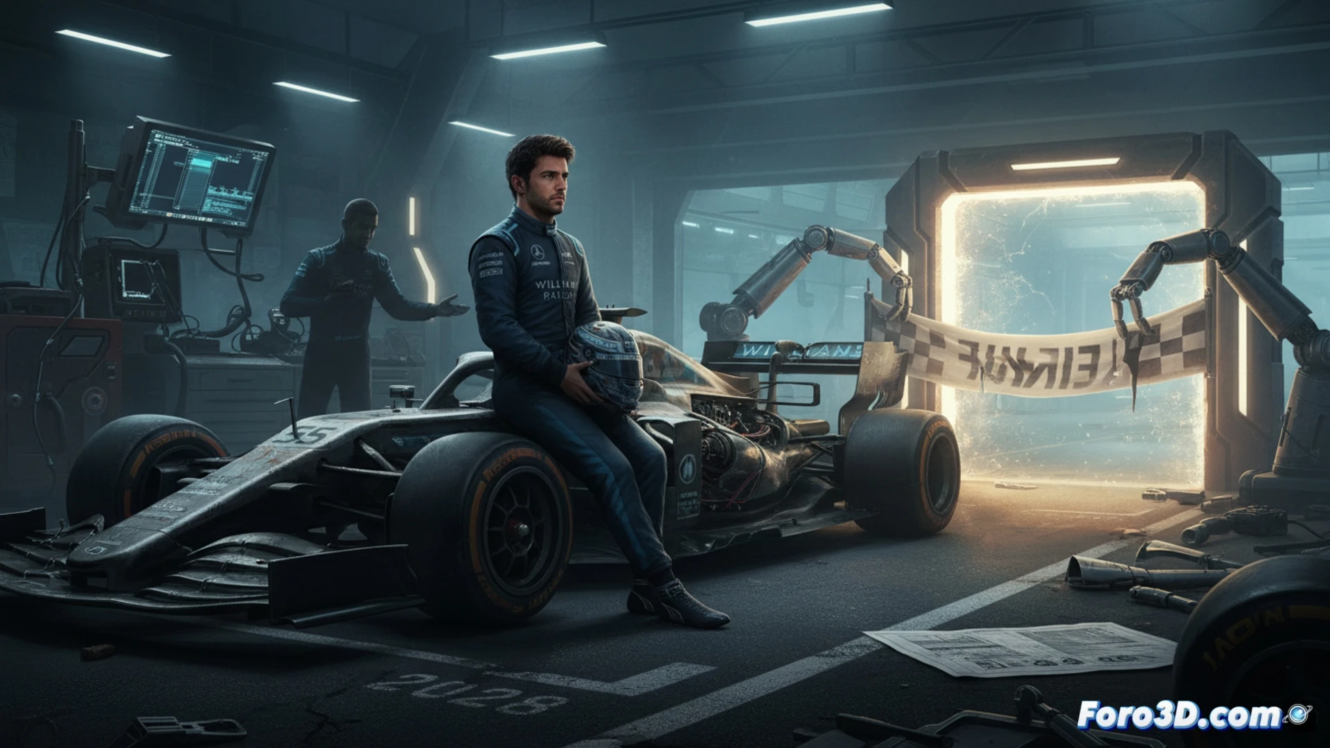 Williams F1 pit crew scrambling to adjust a massive 2030-calendar countdown clock, digital screen showing outdated 2028 target crossed out in red, engineer holding a tablet with CFD simulation of a delayed car upgrade, scattered carbon fiber components on the floor, frustrated team leader pointing at a flowchart of missing processes, sterile white workshop lighting, metallic surfaces reflecting cold blue LED strips, hyper-detailed mechanical parts, cinematic engineering visualization, photorealistic technical render, motion blur on frantic hands adjusting the clock mechanism