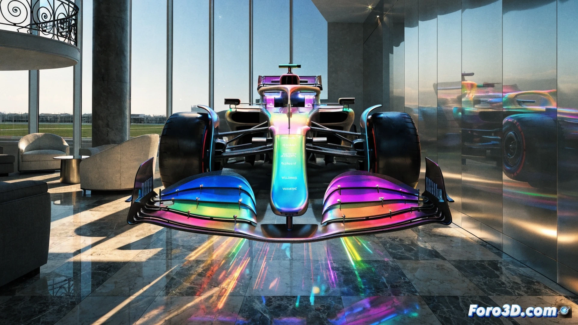 VIP hospitality suite at Spanish Grand Prix, holographic projector array emitting beams of light forming a translucent Williams FW48 race car, empty carbon fiber display stand beneath the hologram, wealthy attendees in suits watching the light show while mechanics inspect a real steering wheel nearby, glowing particle effects tracing the car's aerodynamic lines, futuristic technical installation with black metal tripods and laser modules, cinematic photorealistic engineering visualization, ultra-detailed projector lenses and dust motes in light beams, dramatic contrast between virtual car and empty physical space, luxury event lighting with blue and silver accents, sharp focus on holographic wheel rim edges