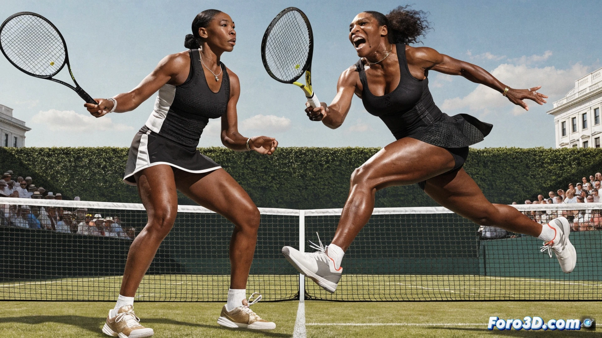 Dos tenistas femeninas en pleno movimiento sobre una pista de hierba verde en Wimbledon, ejecutando un golpe de volea sincronizado en la red, raquetas blancas y plateadas en acción, impacto con la pelota amarilla mostrando deformación, vestimentas blancas clásicas con pliegues dinámicos, fondo de gradas con público desenfocado, luz solar natural de final de tarde creando sombras largas y reflejos en las cuerdas de la raqueta, estilo cinematic photorealistic, textura detallada del césped recién cortado, líneas de cal marcadas, profundidad de campo limitada, sensación de movimiento congelado en el momento del impacto, alta definición técnica.