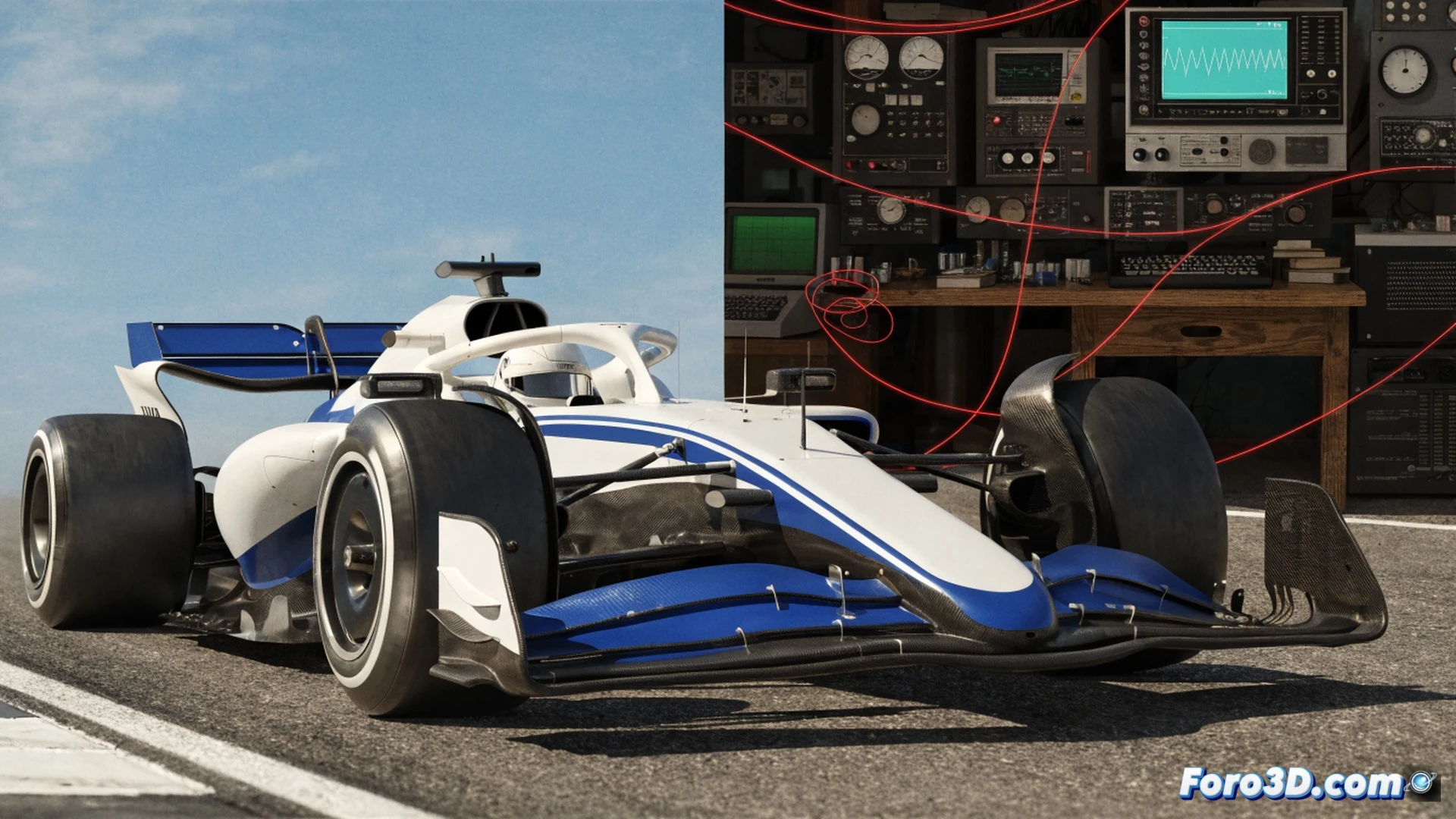 F1 Williams FW47 en túnel de viento digital, simulaciones CFD en pantallas holográficas mostrando puntos de fallo estructural no detectados, ingenieros revisando datos históricos de fallos mientras el monoplaza real ya está en pista con humo saliendo del pontón trasero, proceso de planificación obsoleta contrastado con análisis predictivo moderno, cinematic engineering visualization, iluminación dramática azul y naranja, componentes de suspensión y freno visibles, texturas metálicas realistas, photorealistic technical render