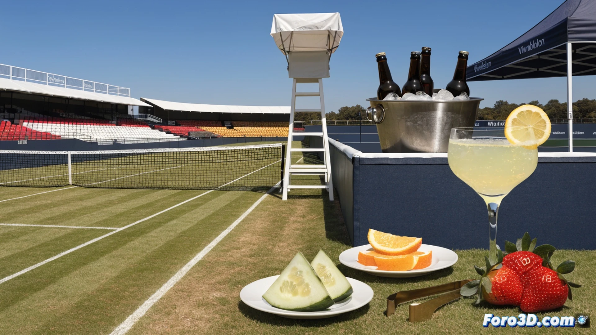 photorealistic scene of a Wimbledon Centre Court side table during a tennis match, a sweating cocktail glass labelled Centre Court Cooler being poured from a shaker by a bartender hand, ice cubes clinking, next to a tall Pimm s cup with mint leaves and a small bowl of fresh strawberries, a digital price tag glowing 12.80 on the glass surface, blurred green court background with net and white tennis ball in motion, dramatic sunlight through translucent roof, condensation droplets visible, hyperdetailed liquid texture, macro lens effect, cinematic sports hospitality lighting