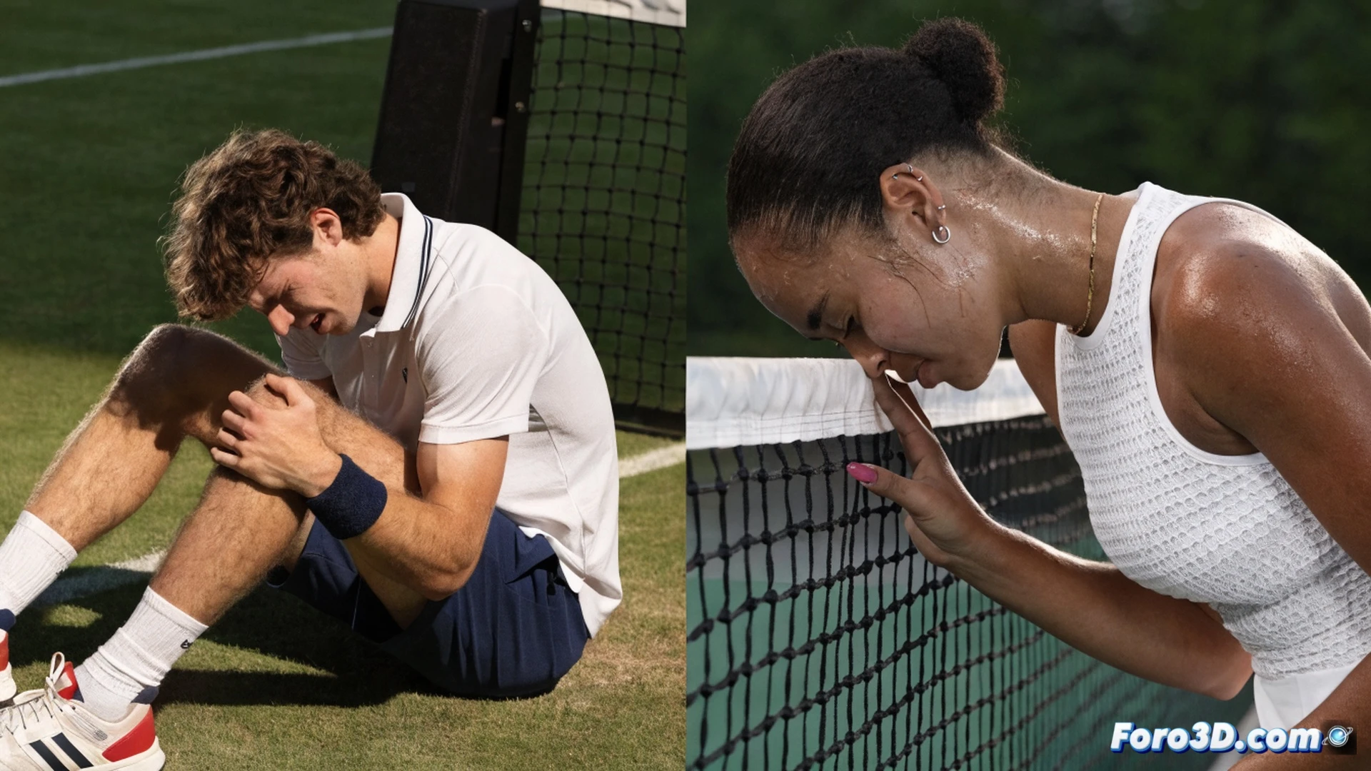 Two tennis rackets abandoned on Centre Court grass, one with a snapped string and a medical bandage wrapped around the handle, a physiotherapist kneeling while inspecting a player's forearm with a digital thermal imaging scanner, green court surface showing scuff marks from sudden stops, empty player chairs in background, dramatic overcast sky through open roof, Wimbledon scoreboard displaying withdrawal notices, cinematic sports injury documentation, hyperrealistic texture of grass and racket grip, medical blue glow from diagnostic device, emotional tension in empty stadium, photorealistic technical illustration