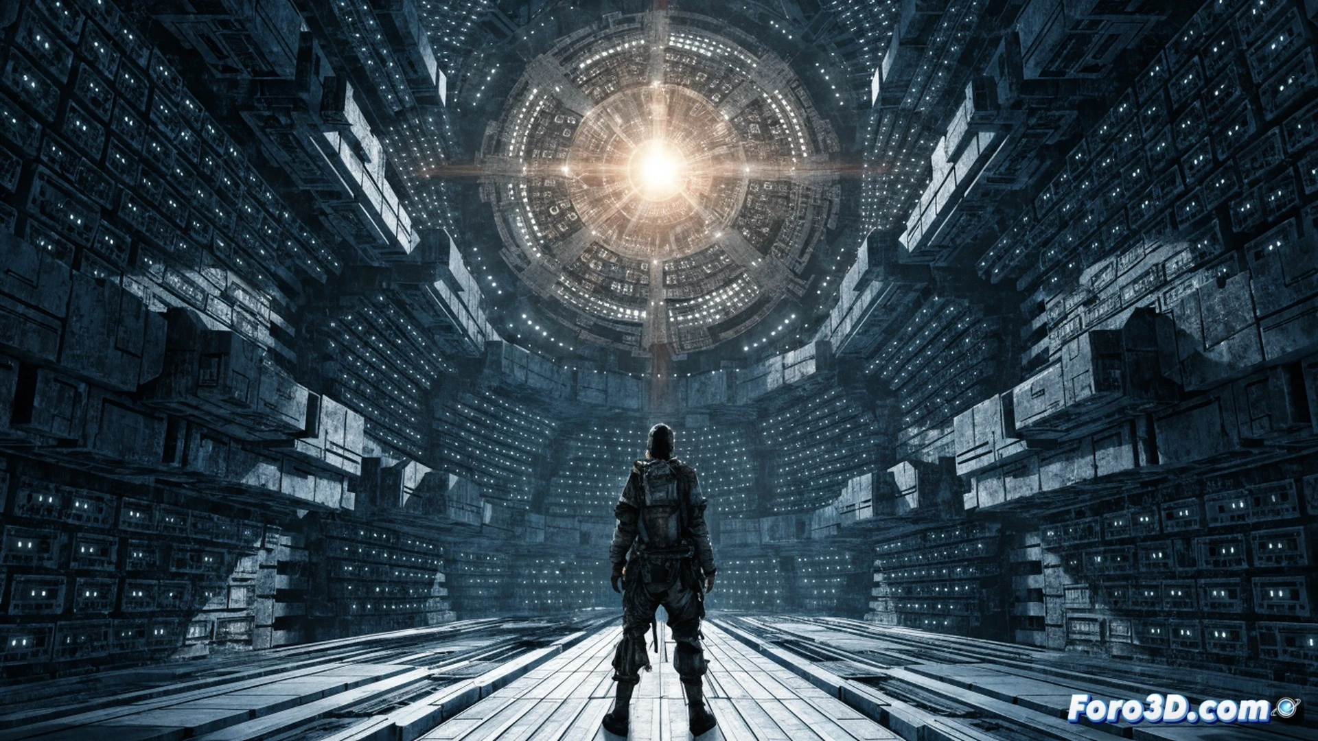 pixel art archivista Zephyr despertando en una torre futurista de metal y vidrio, sosteniendo un casete roto mientras hologramas de recuerdos fragmentados flotan a su alrededor, engranajes y cables visibles en las paredes, sistema de decisiones representado por palancas brillantes y pantallas táctiles en el suelo, estilo cinematic retro-futurista con iluminación neón azul y naranja, sombras marcadas, texturas de píxeles nítidas, mostrando el proceso de búsqueda de memoria durante la interacción con terminales de datos, ultra-detallado en primer plano