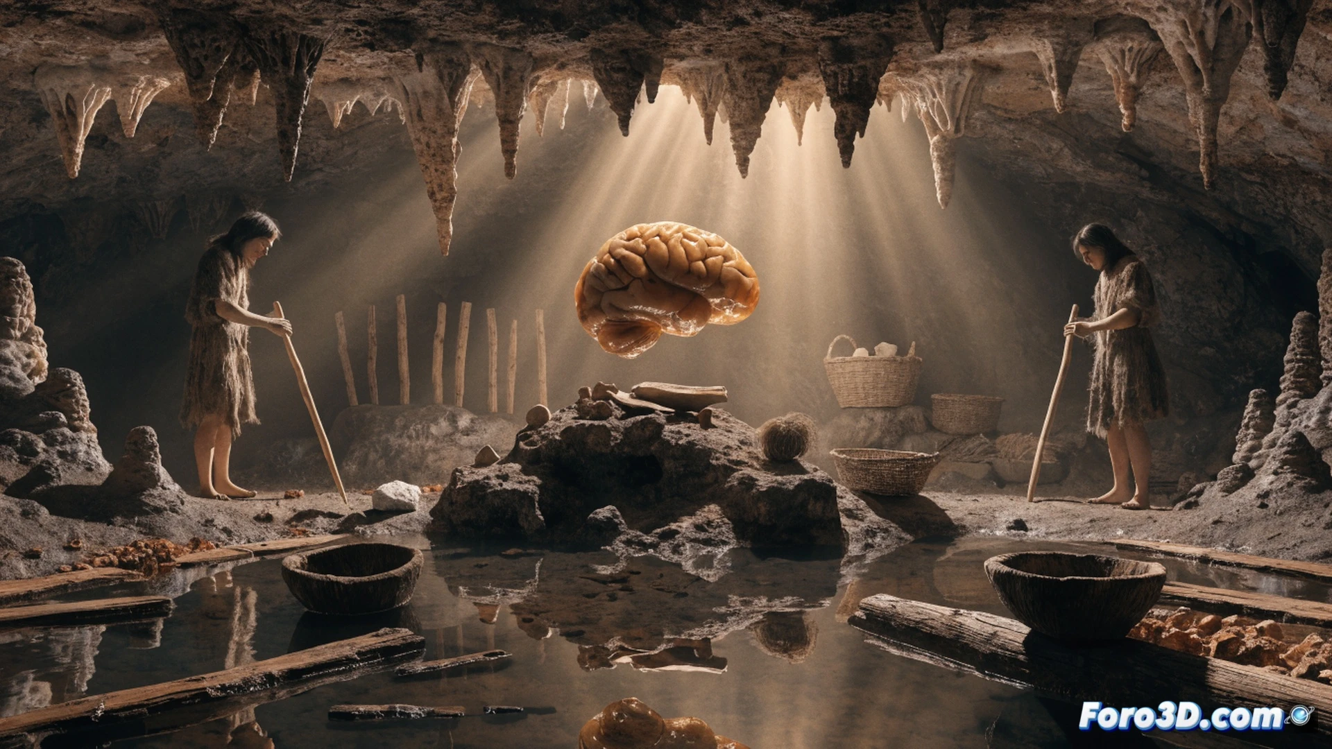 archeologists excavating dark peat soil in a Florida swamp, 168 human skeletons partially exposed with preserved brain tissue visible inside skull cavities, wooden tools and woven baskets scattered around the burial site, one researcher carefully brushing a cranium while another measures a bone fragment, dramatic low-angle sunlight filtering through cypress trees, mist rising from the wetland, photorealistic archaeological documentation style, ultra-detailed bone texture and peat stratification, cinematic chiaroscuro lighting, technical excavation scene showing stratigraphy layers and tool marks