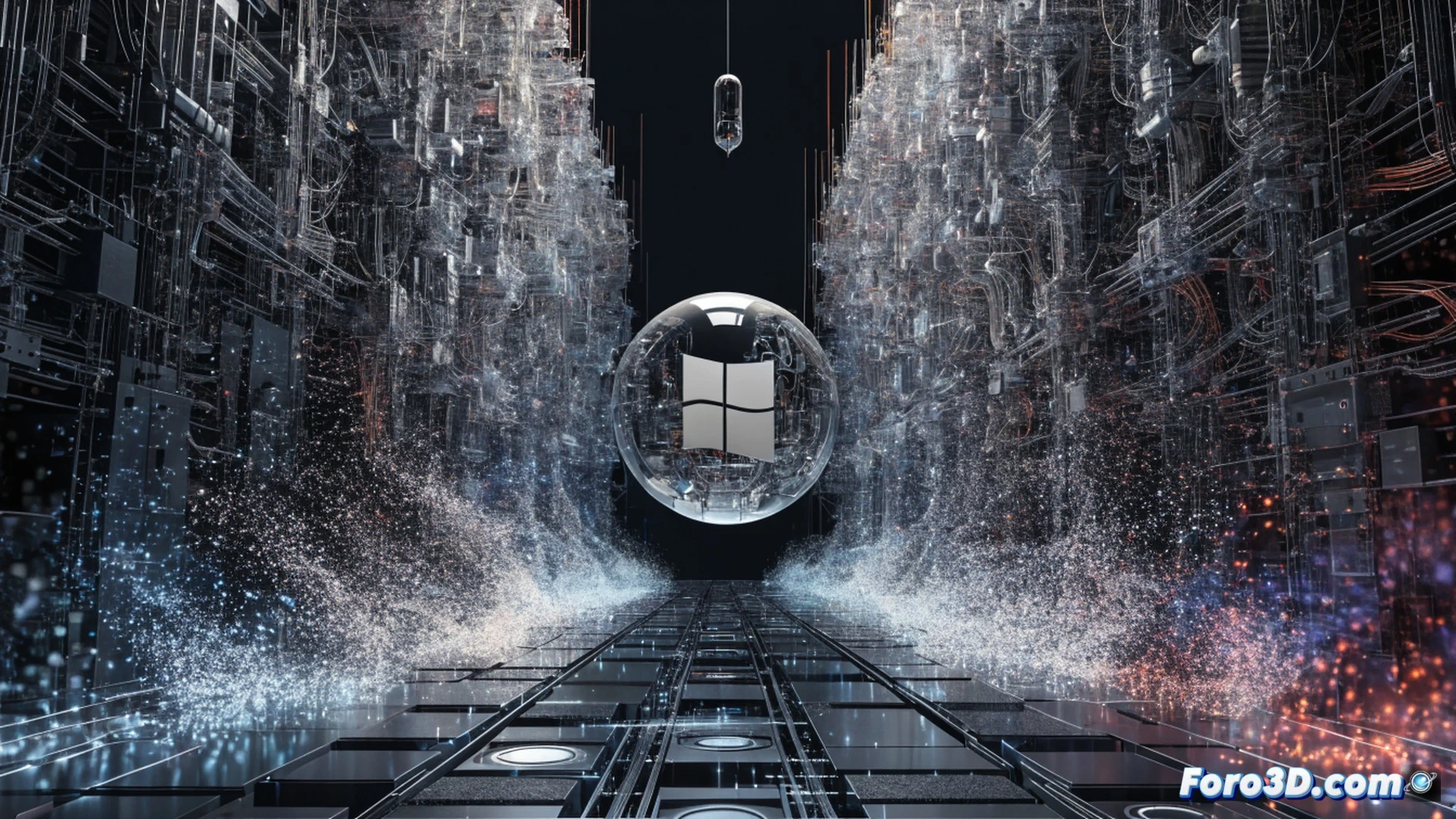 Windows 11 update process visualization, digital motherboard with a tiny glowing chip labeled as a minimal patch, progress bar completing installation in under five minutes on screen, single restart icon pulsing, system stability graph showing flat line, minimalistic user interface, technical illustration style, clean blue and dark gray color palette, photorealistic hardware details, cinematic lighting on components, smooth action flow from download to restart, no text or numbers visible