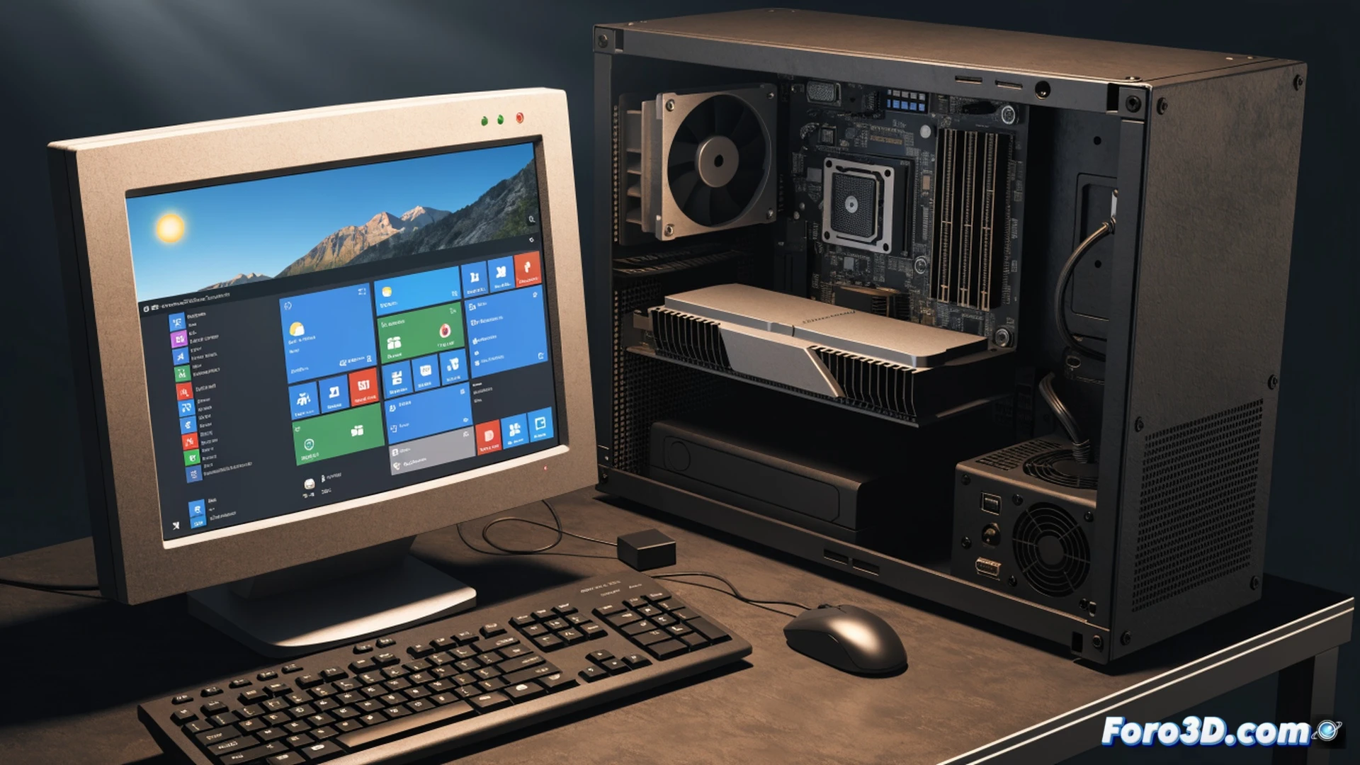 Vintage PC tower with open side panel revealing Core 2 Quad CPU heatsink, DDR memory modules, and Radeon HD 4650 graphics card, monitor displaying Windows 11 desktop running smoothly without errors, technician hand inserting a legacy Windows 7 driver disc into optical drive, dust particles floating in harsh fluorescent light, messy desk with screwdriver and cables, photorealistic technical illustration, industrial workshop atmosphere, high contrast shadows, detailed motherboard traces visible, cinematic engineering visualization